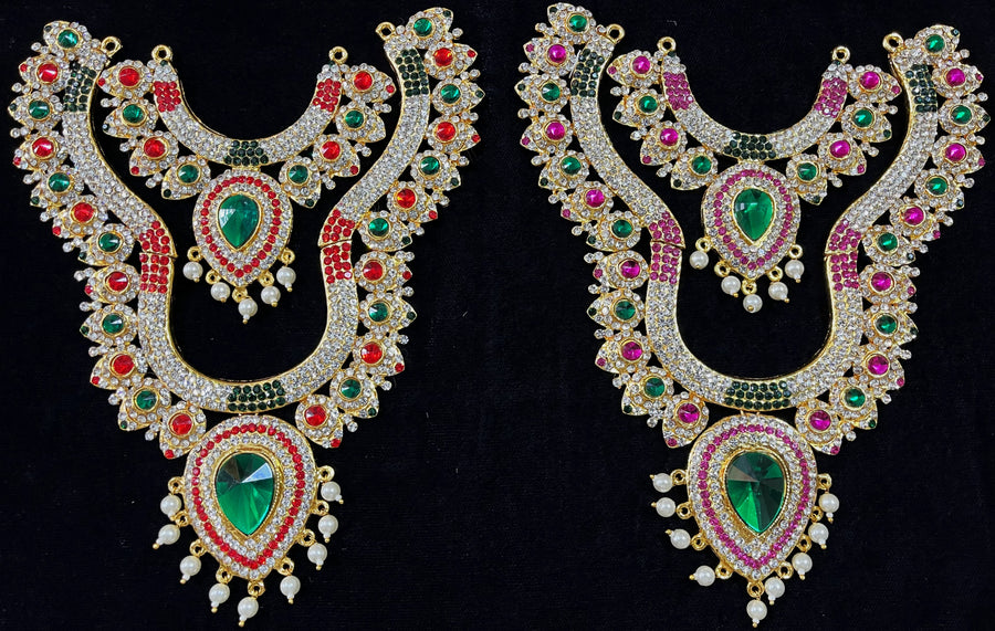 Multi-Layer Temple Haram – Royal Grand Alankaram - Pink, white & green stones / Red, white & green stones on South Indian Stones metal alloy - Length: 8 inches, Width: 4 inches