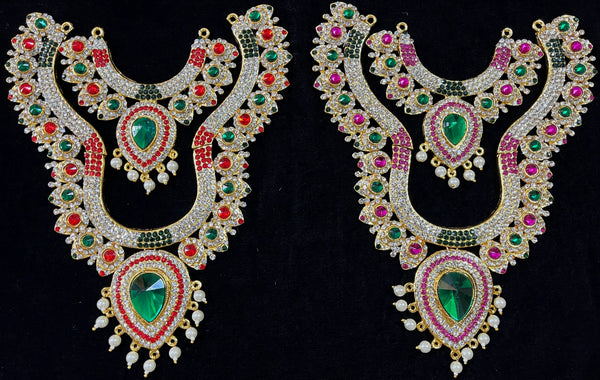 Multi-Layer Temple Haram – Royal Grand Alankaram - Pink, white & green stones / Red, white & green stones on South Indian Stones metal alloy - Length: 8 inches, Width: 4 inches