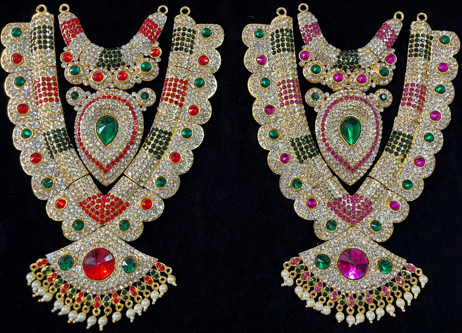 Grand Kavacham Necklace – Full Chest Armour Design - Pink, white & green stones / Red, white & green stones on South Indian Stones metal alloy - Length: 8 inches, Width: 4 inches