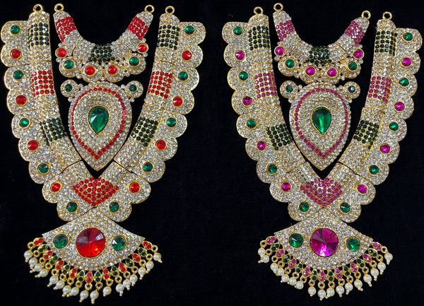 Grand Kavacham Necklace – Full Chest Armour Design - Pink, white & green stones / Red, white & green stones on South Indian Stones metal alloy - Length: 8 inches, Width: 4 inches