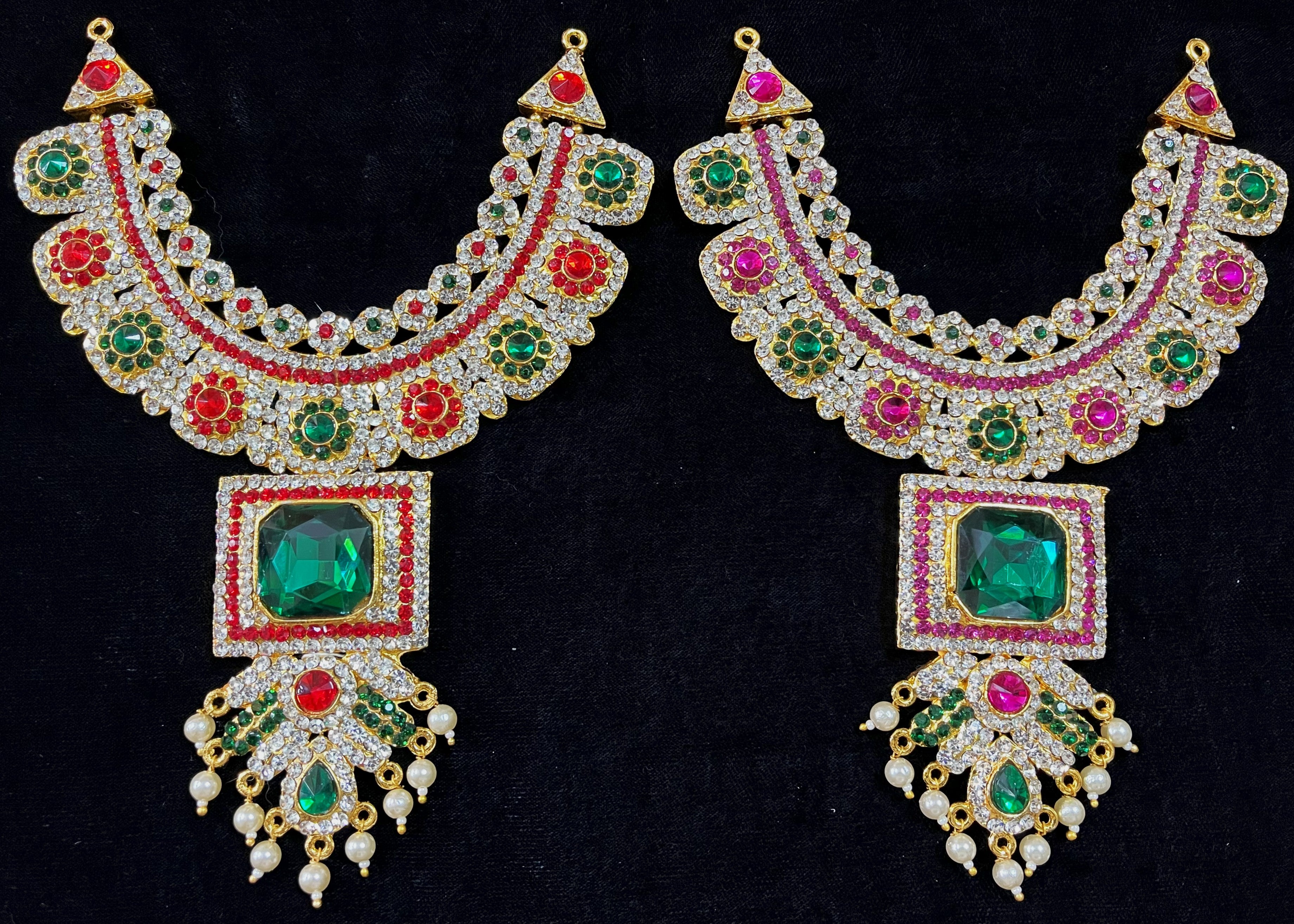 Short Necklace (Addigai) - Pink, white & green stones / Red, white & green stones on South Indian Stones metal alloy - Length: 8 inches, Width: 4 inches 1