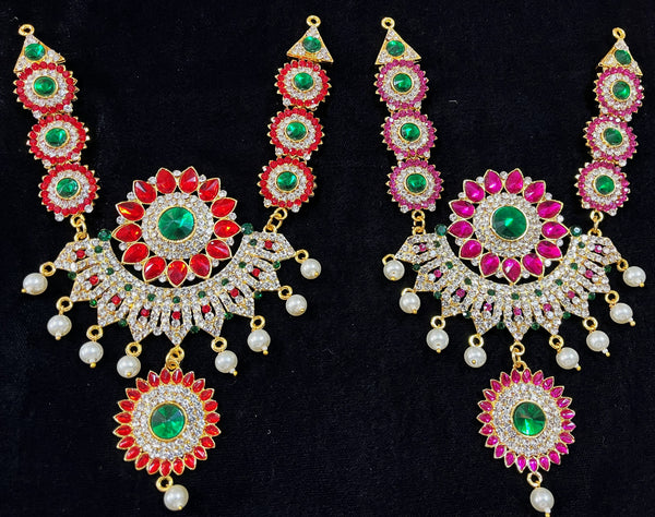 Short Necklace (Addigai) - Pink, white & green stones / Red, white & green stones on South Indian Stones metal alloy - Length: 8 inches