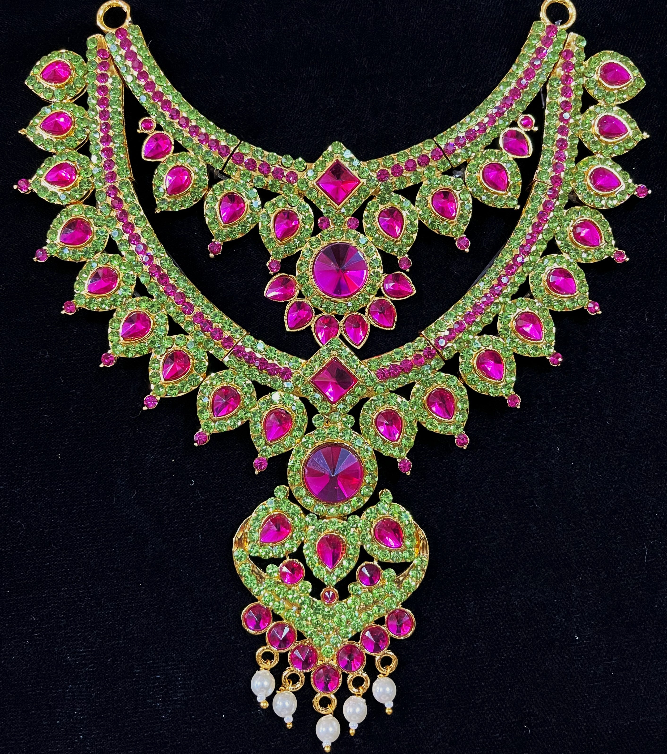 Multi-Layer Temple Haram – Royal Grand Alankaram - Pink, white & green stones / Red, white & green stones / Parrot green & white on South Indian Stones metal alloy - Length: 8 inches, Width: 4.5 inches 2