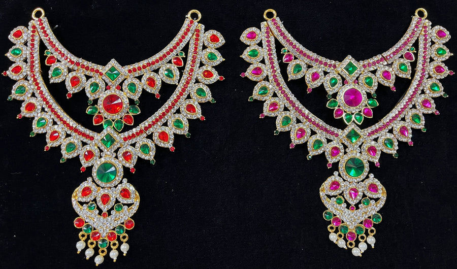 Multi-Layer Temple Haram – Royal Grand Alankaram - Pink, white & green stones / Red, white & green stones / Parrot green & white on South Indian Stones metal alloy - Length: 8 inches, Width: 4.5 inches