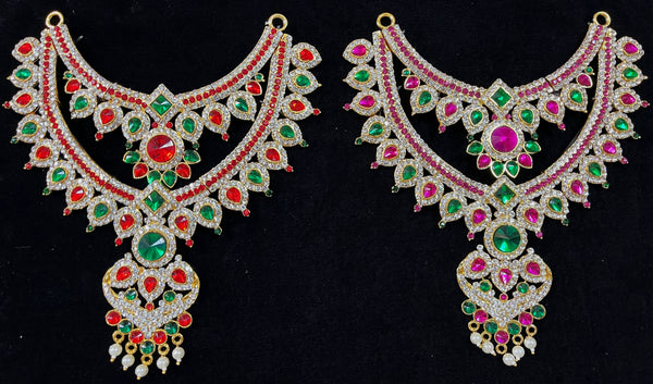 Multi-Layer Temple Haram – Royal Grand Alankaram - Pink, white & green stones / Red, white & green stones / Parrot green & white on South Indian Stones metal alloy - Length: 8 inches, Width: 4.5 inches