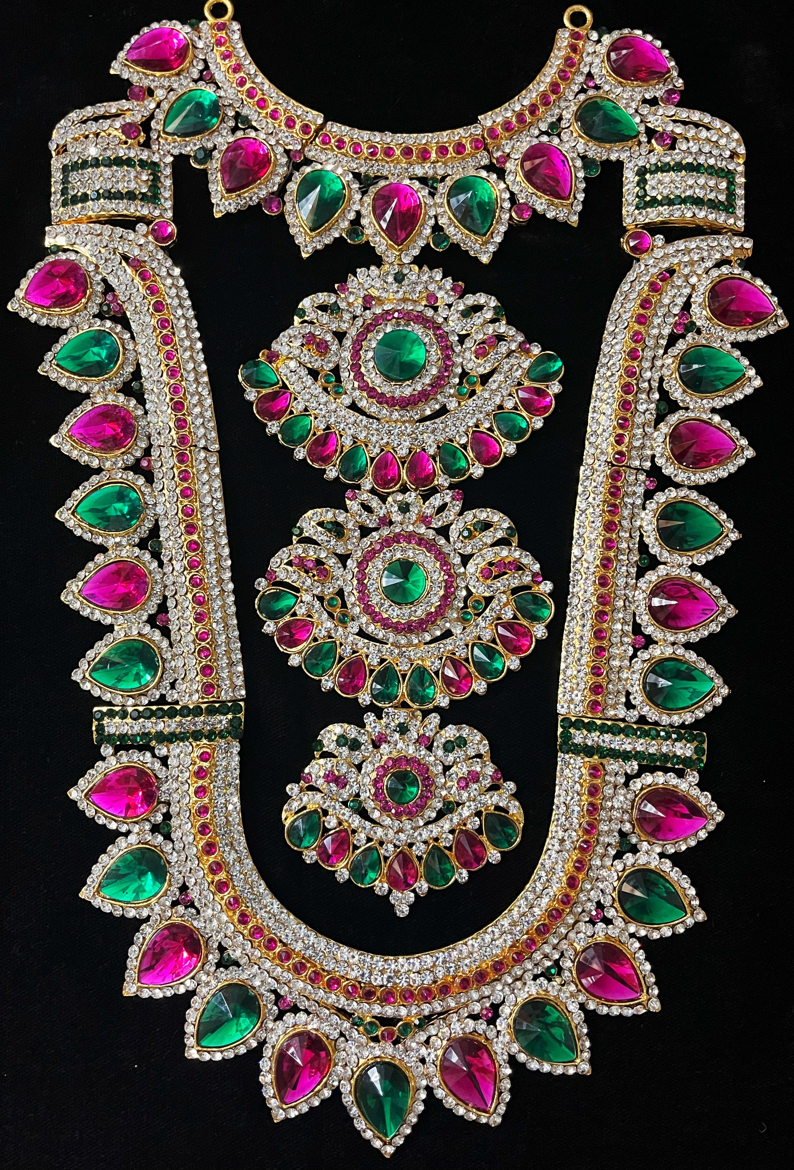 Grand Kavacham Necklace – Full Chest Armour Design - Pink, white & green stones / Red, white & green stones on South Indian Stones metal alloy - Length: 8.5 inches, Width: 2.5 inches 2