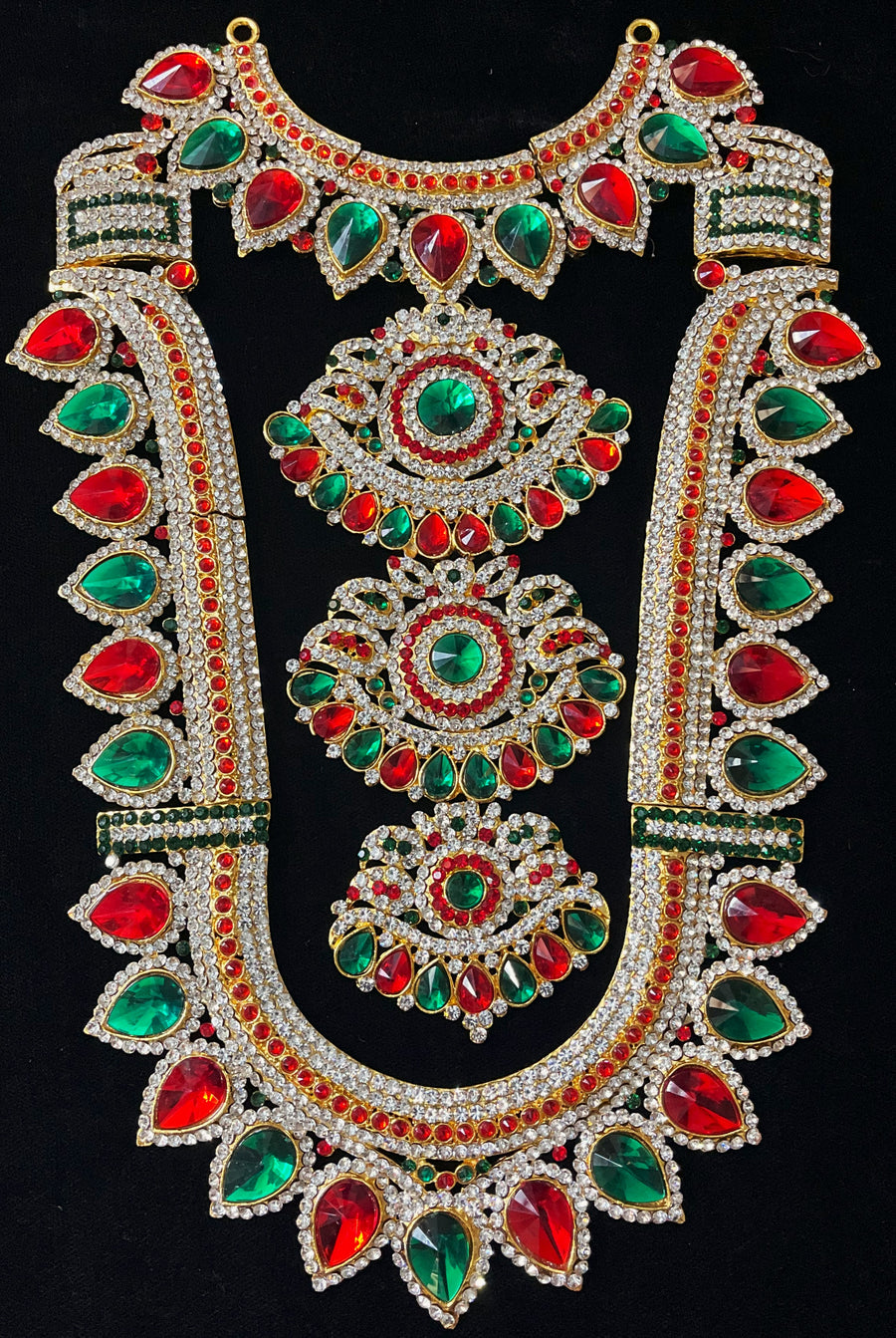 Grand Kavacham Necklace – Full Chest Armour Design - Pink, white & green stones / Red, white & green stones on South Indian Stones metal alloy - Length: 8.5 inches, Width: 2.5 inches