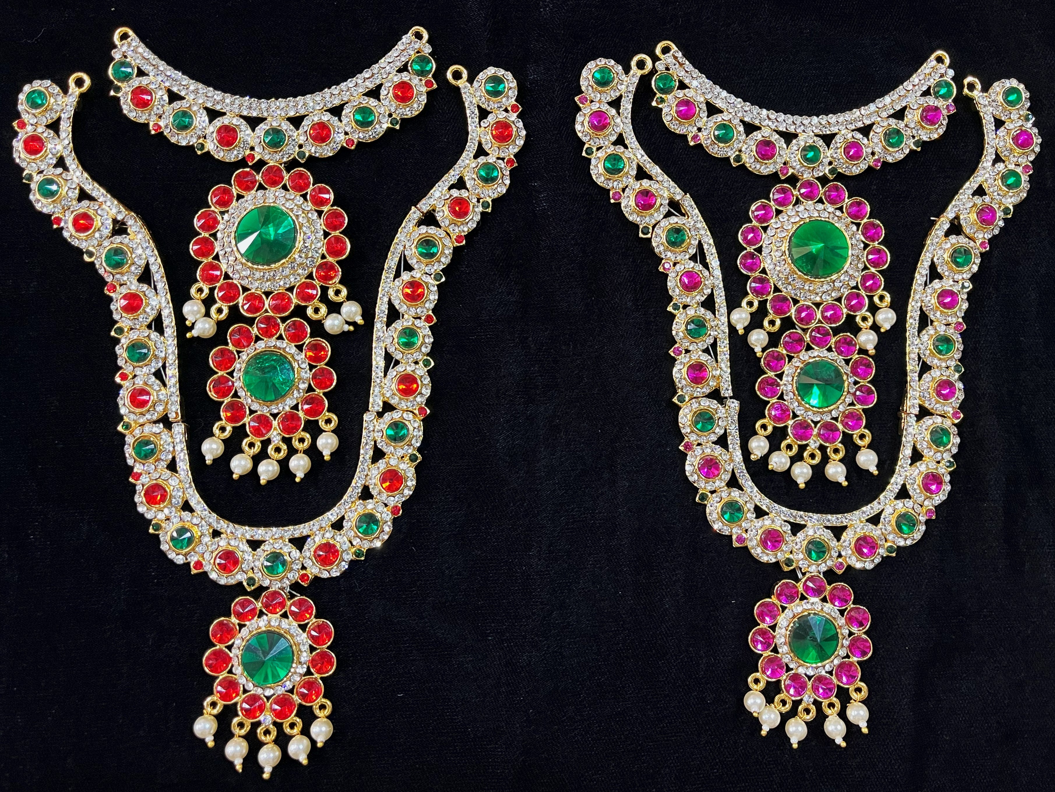 Multi-Layer Temple Haram – Royal Grand Alankaram - Pink, white & green stones / Red, white & green stones on South Indian Stones metal alloy - Length: 9 inches, Width: 4.5 inches 1