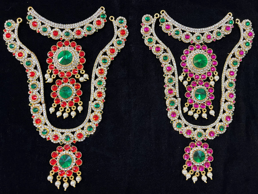 Multi-Layer Temple Haram – Royal Grand Alankaram - Pink, white & green stones / Red, white & green stones on South Indian Stones metal alloy - Length: 9 inches, Width: 4.5 inches