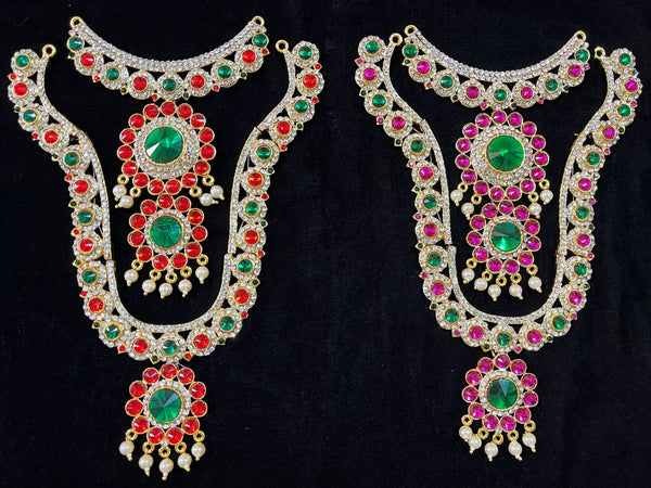 Multi-Layer Temple Haram – Royal Grand Alankaram - Pink, white & green stones / Red, white & green stones on South Indian Stones metal alloy - Length: 9 inches, Width: 4.5 inches