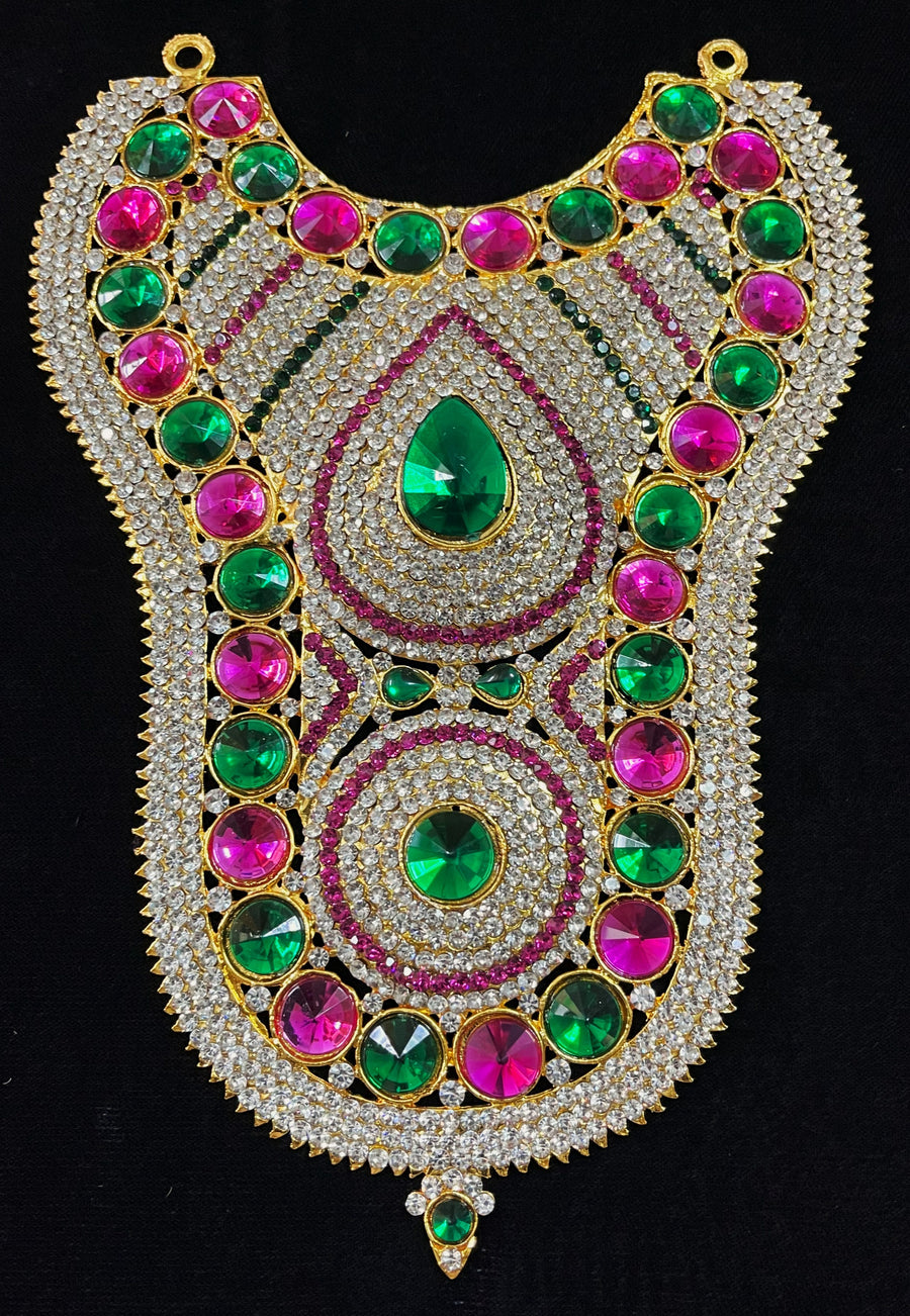 Grand Kavacham Necklace – Full Chest Armour Design - Pink, white & green stones on South Indian Stones metal alloy - Length: 9 inches, Width: 4 inches