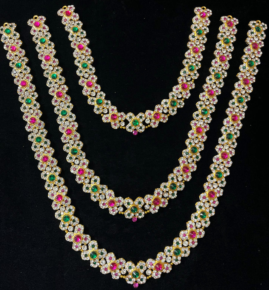 Multi-Layer Temple Haram – Royal Grand Alankaram - Pink, white & green stones / Red, white & green stones on South Indian Stones metal alloy - Length: 12 inches