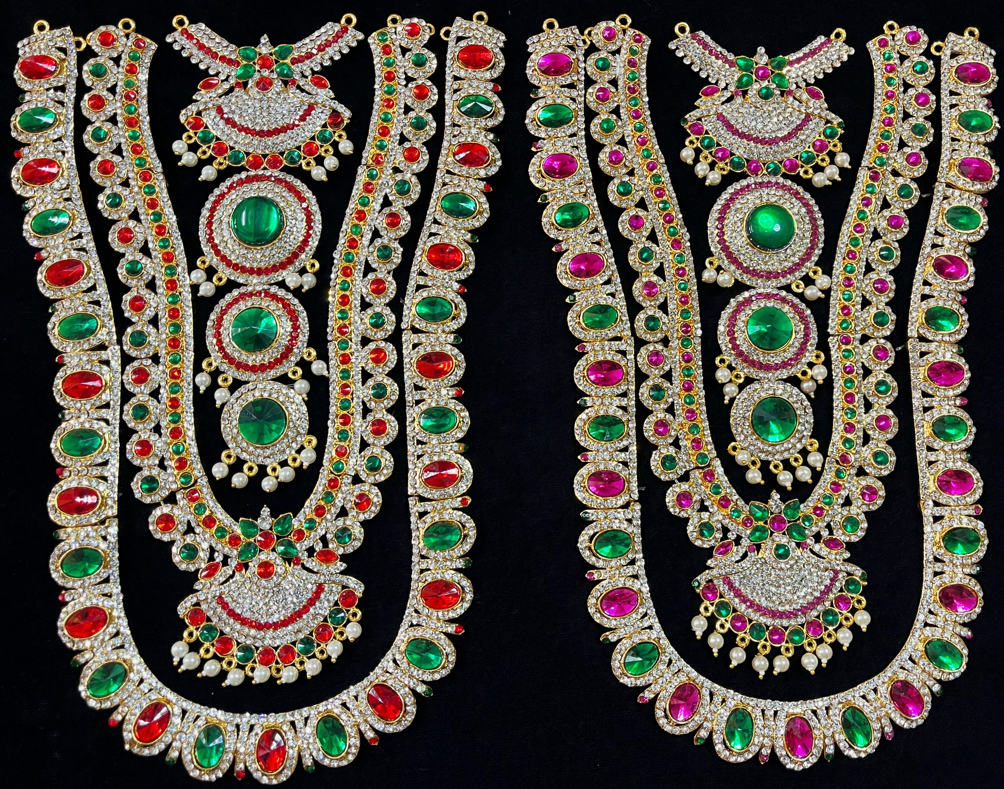 Multi-Layer Temple Haram – Royal Grand Alankaram - Pink, white & green stones / Red, white & green stones on South Indian Stones metal alloy - Length: 12.5 inches, Width: 7 inches 1