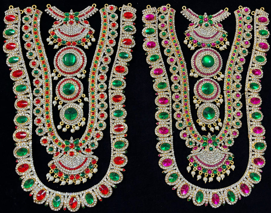 Multi-Layer Temple Haram – Royal Grand Alankaram - Pink, white & green stones / Red, white & green stones on South Indian Stones metal alloy - Length: 12.5 inches, Width: 7 inches