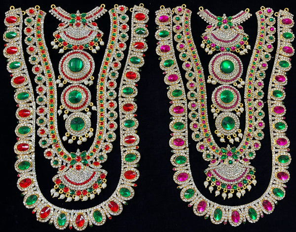 Multi-Layer Temple Haram – Royal Grand Alankaram - Pink, white & green stones / Red, white & green stones on South Indian Stones metal alloy - Length: 12.5 inches, Width: 7 inches