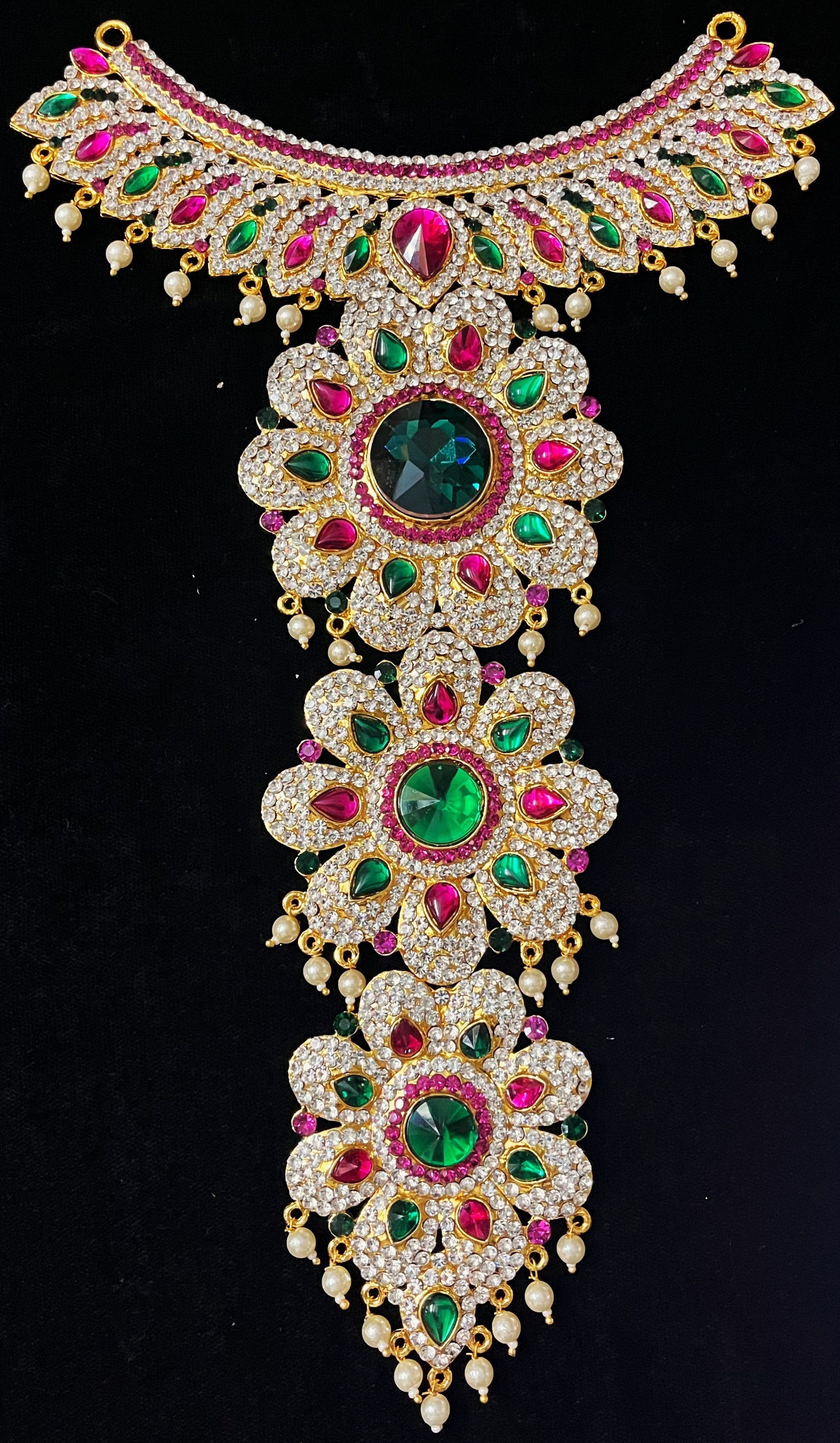 Long Haram – South Indian Temple Jewellery - Pink, white & green stones on South Indian Stones metal alloy - Length: 12.5 inches, Width: 5.5 inches 1
