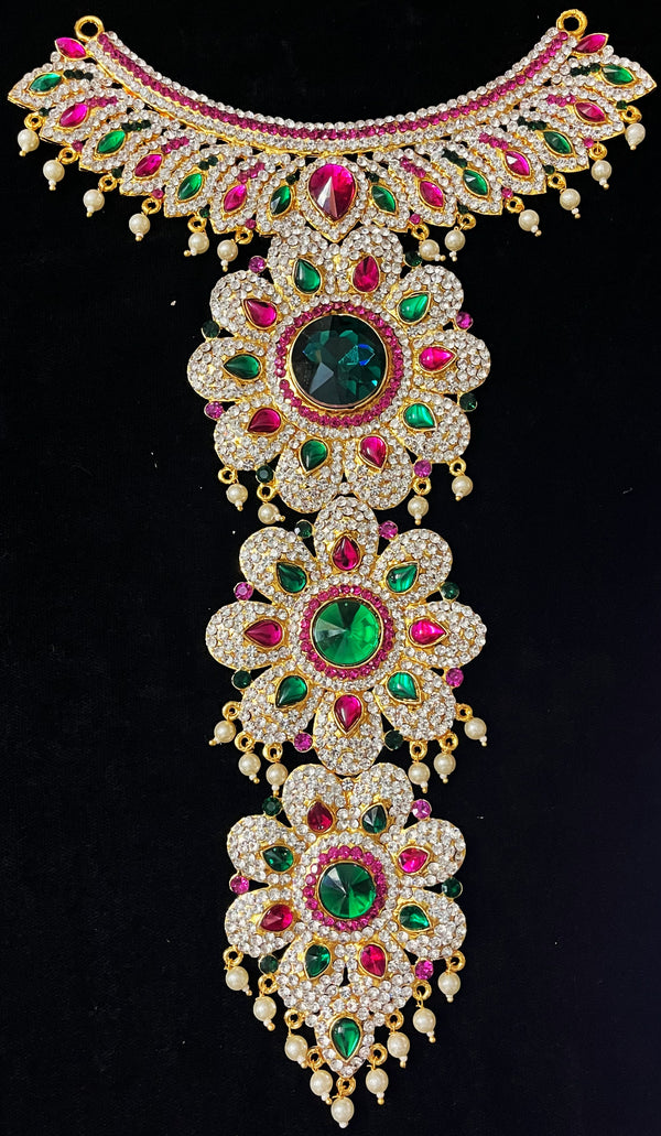Long Haram – South Indian Temple Jewellery - Pink, white & green stones on South Indian Stones metal alloy - Length: 12.5 inches, Width: 5.5 inches