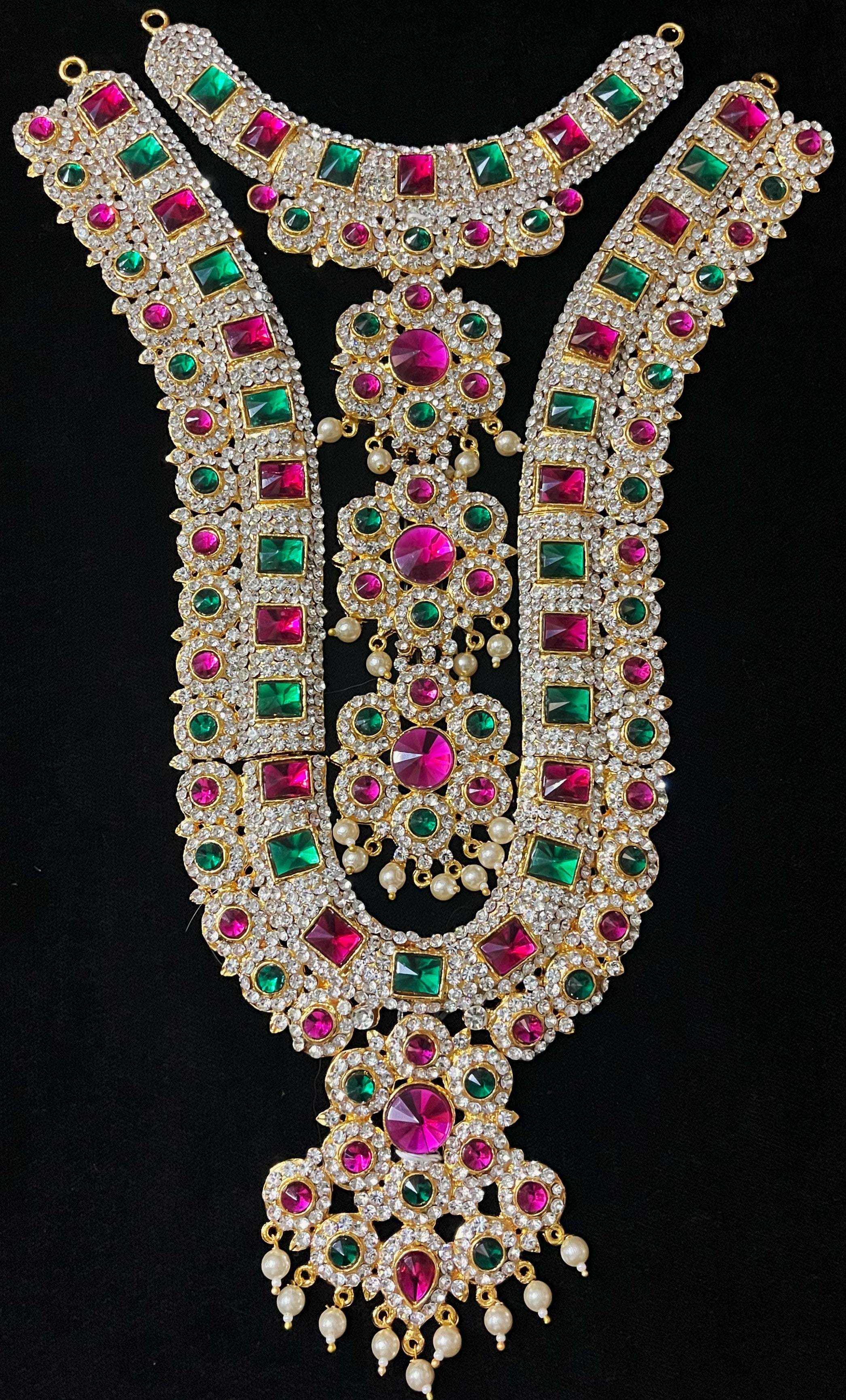 Multi-Layer Temple Haram – Royal Grand Alankaram - Pink, white & green stones / Red, white & green stones on South Indian Stones metal alloy - Length: 13 inches 2