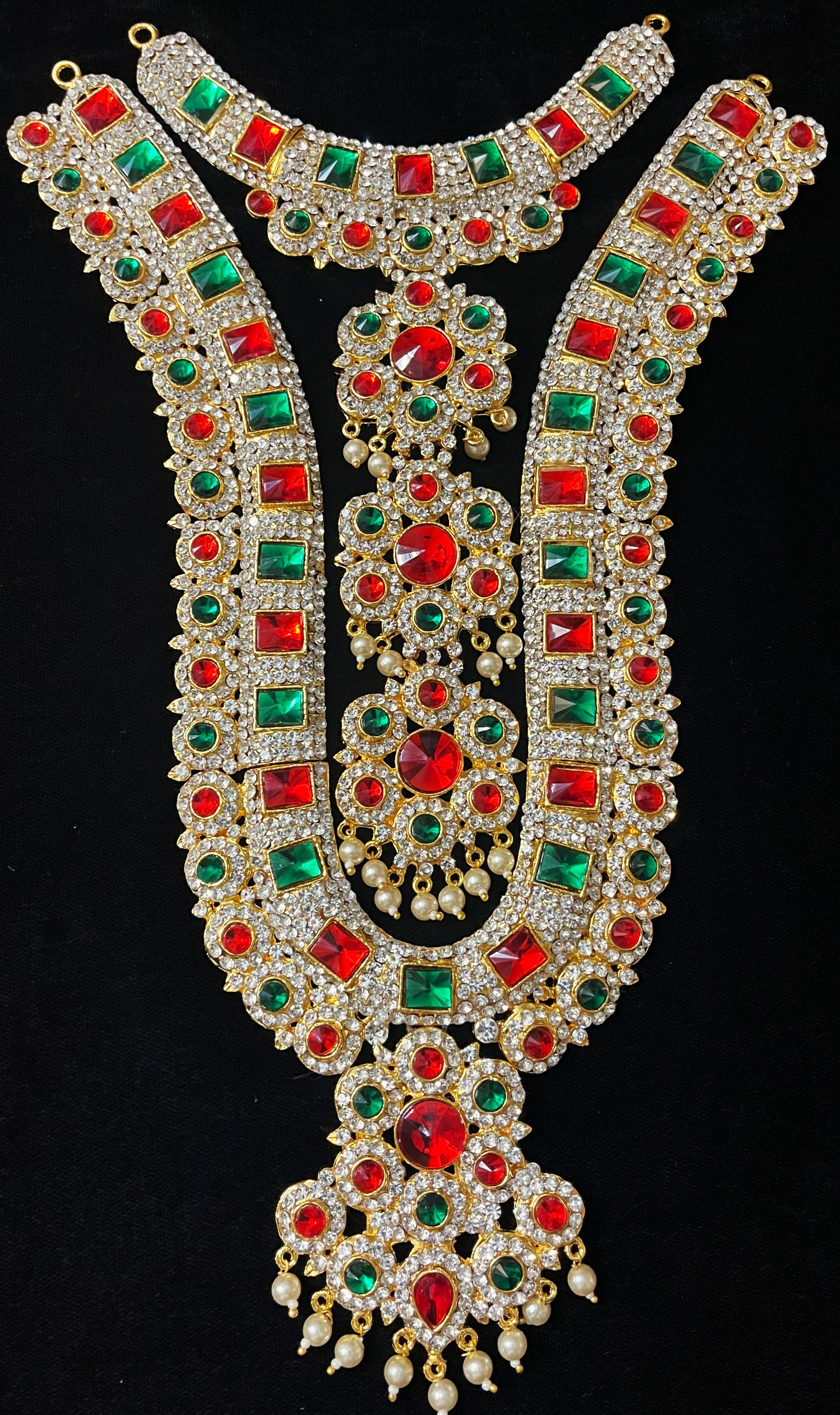 Multi-Layer Temple Haram – Royal Grand Alankaram - Pink, white & green stones / Red, white & green stones on South Indian Stones metal alloy - Length: 13 inches 1