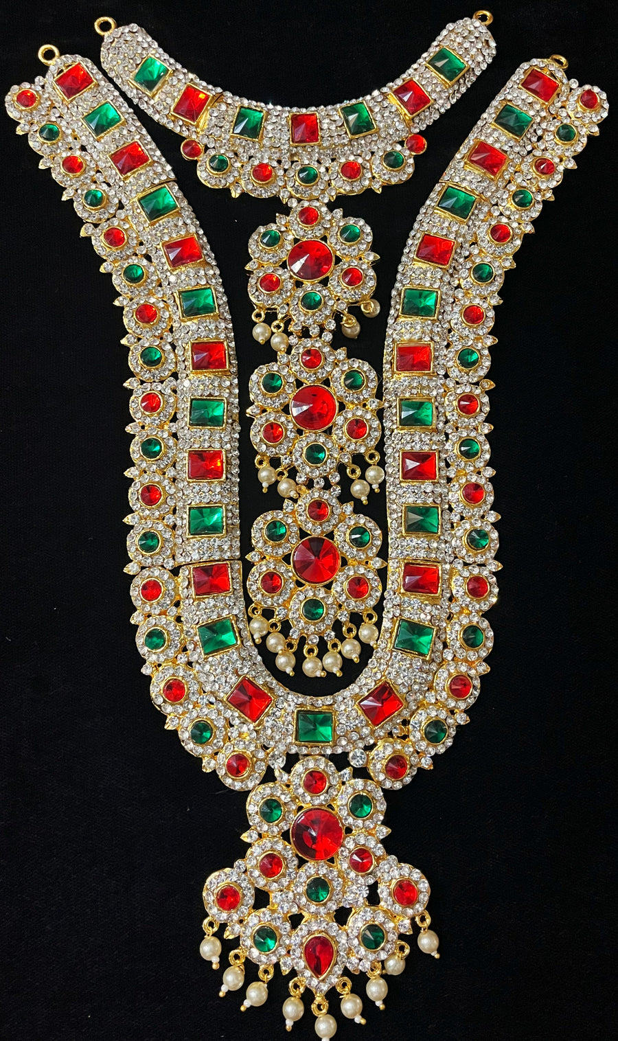 Multi-Layer Temple Haram – Royal Grand Alankaram - Pink, white & green stones / Red, white & green stones on South Indian Stones metal alloy - Length: 13 inches