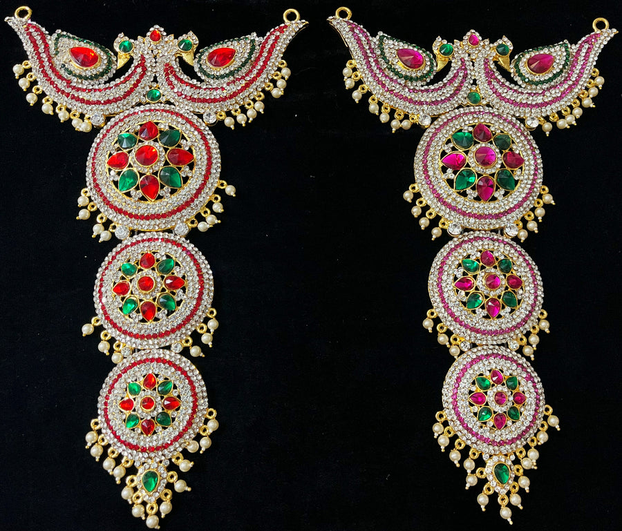 Long Haram – South Indian Temple Jewellery - Pink, white & green stones / Red, white & green stones on South Indian Stones metal alloy - Length: 13 inches