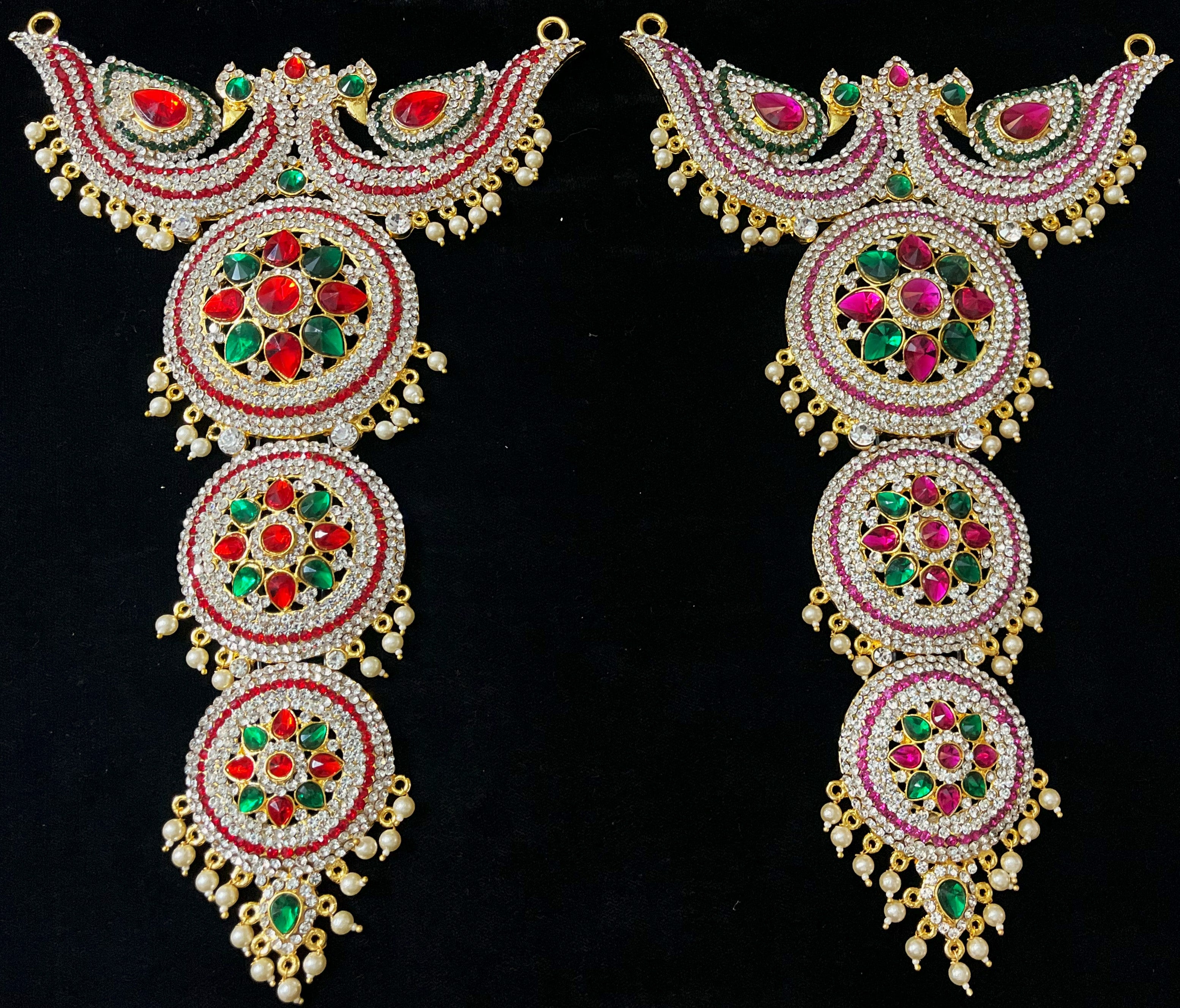 Long Haram – South Indian Temple Jewellery - Pink, white & green stones / Red, white & green stones on South Indian Stones metal alloy - Length: 13 inches