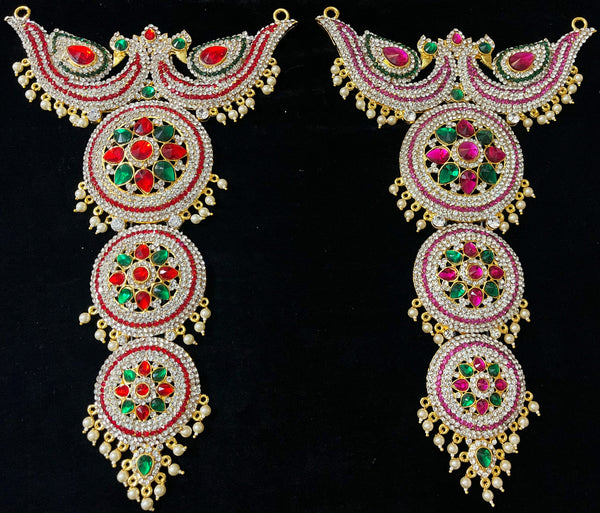 Long Haram – South Indian Temple Jewellery - Pink, white & green stones / Red, white & green stones on South Indian Stones metal alloy - Length: 13 inches
