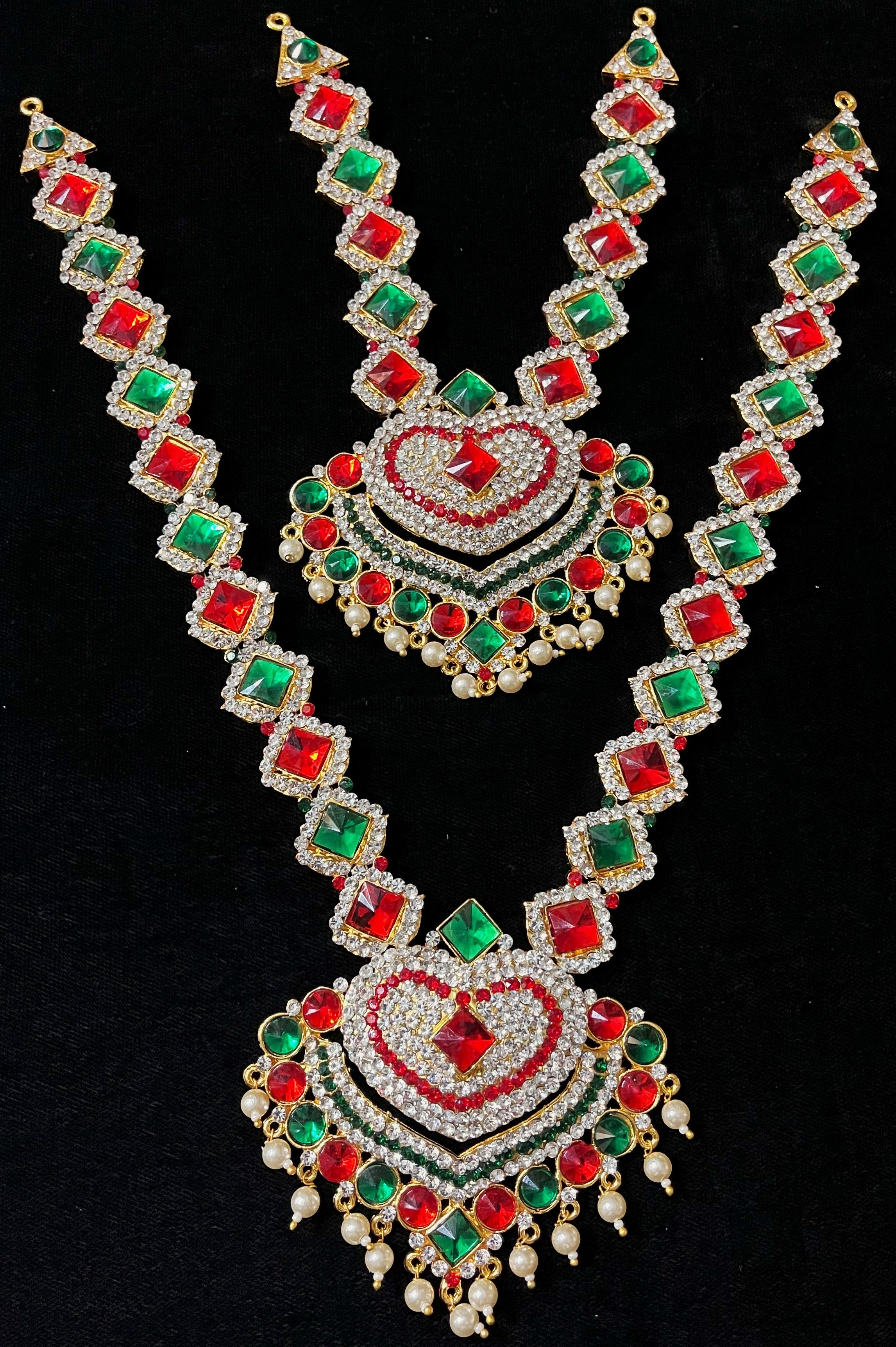 Multi-Layer Temple Haram – Royal Grand Alankaram - Pink, white & green stones / Red, white & green stones on South Indian Stones metal alloy - Length: 13 inches 2