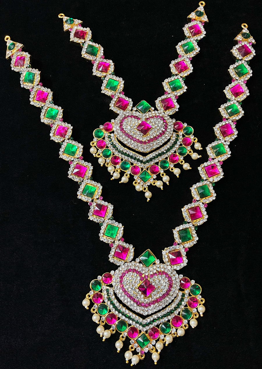 Multi-Layer Temple Haram – Royal Grand Alankaram - Pink, white & green stones / Red, white & green stones on South Indian Stones metal alloy - Length: 13 inches