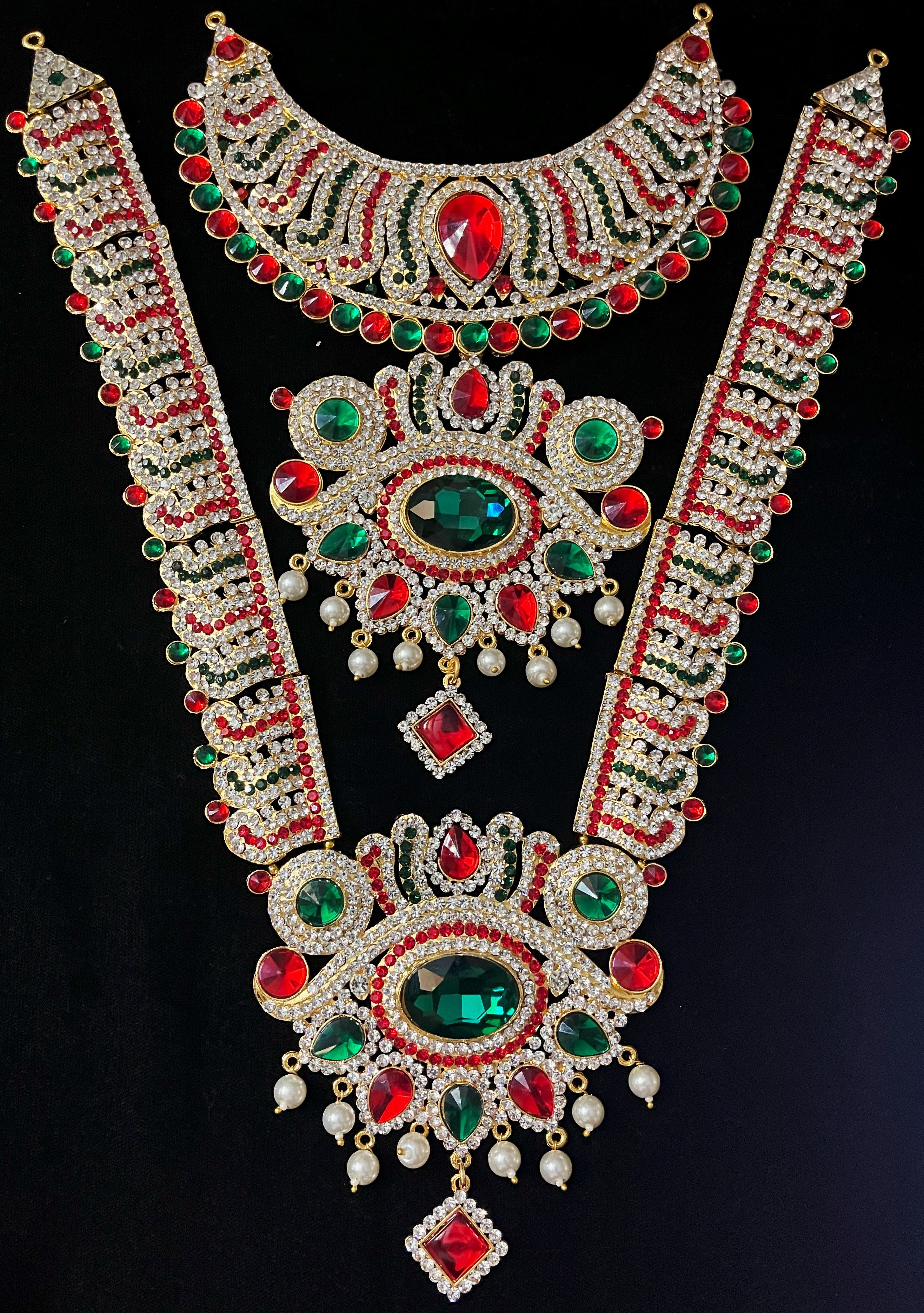 Multi-Layer Temple Haram – Royal Grand Alankaram - Pink, white & green stones / Red, white & green stones on South Indian Stones metal alloy - Length: 15 inches 2