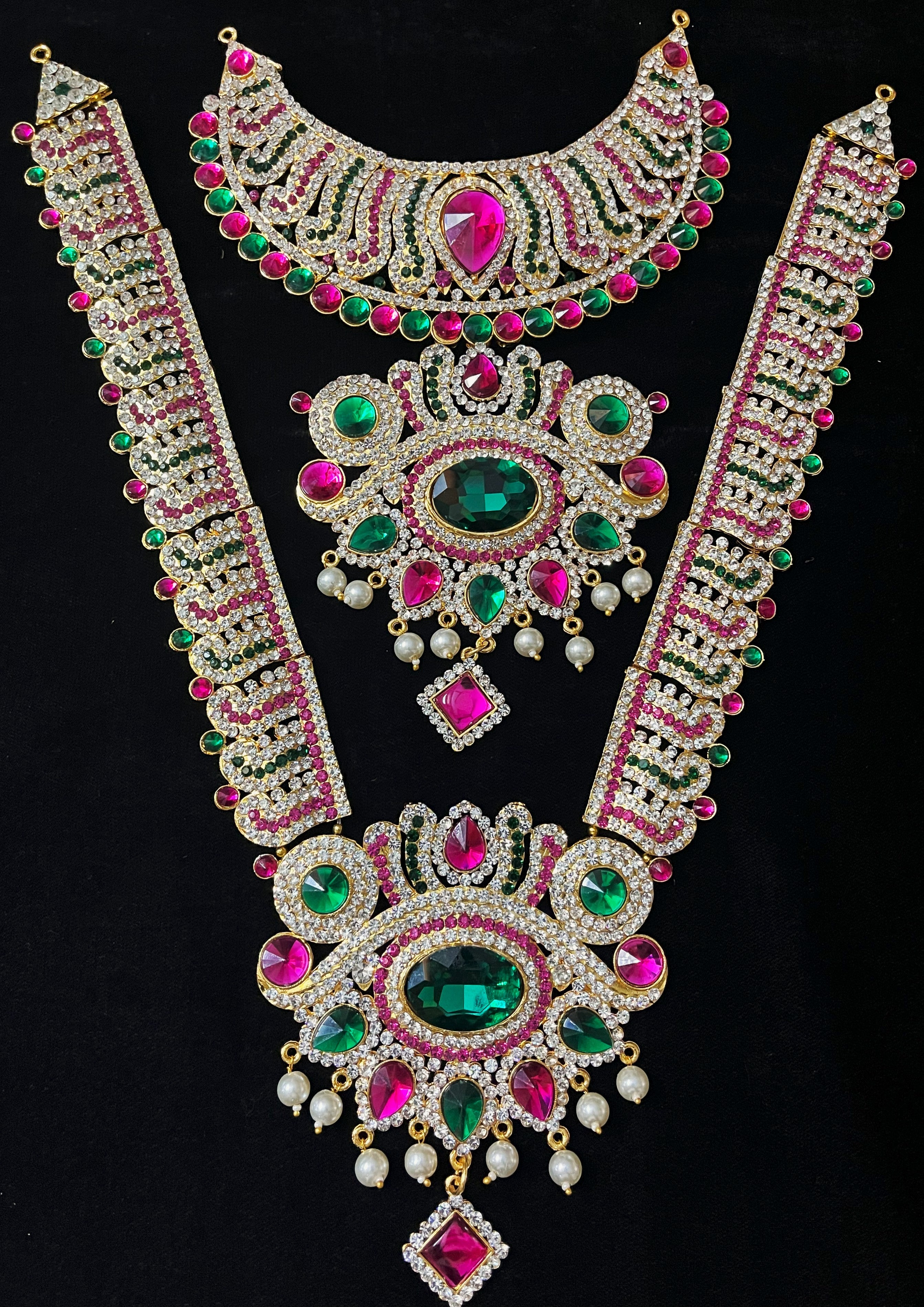 Multi-Layer Temple Haram – Royal Grand Alankaram - Pink, white & green stones / Red, white & green stones on South Indian Stones metal alloy - Length: 15 inches 1