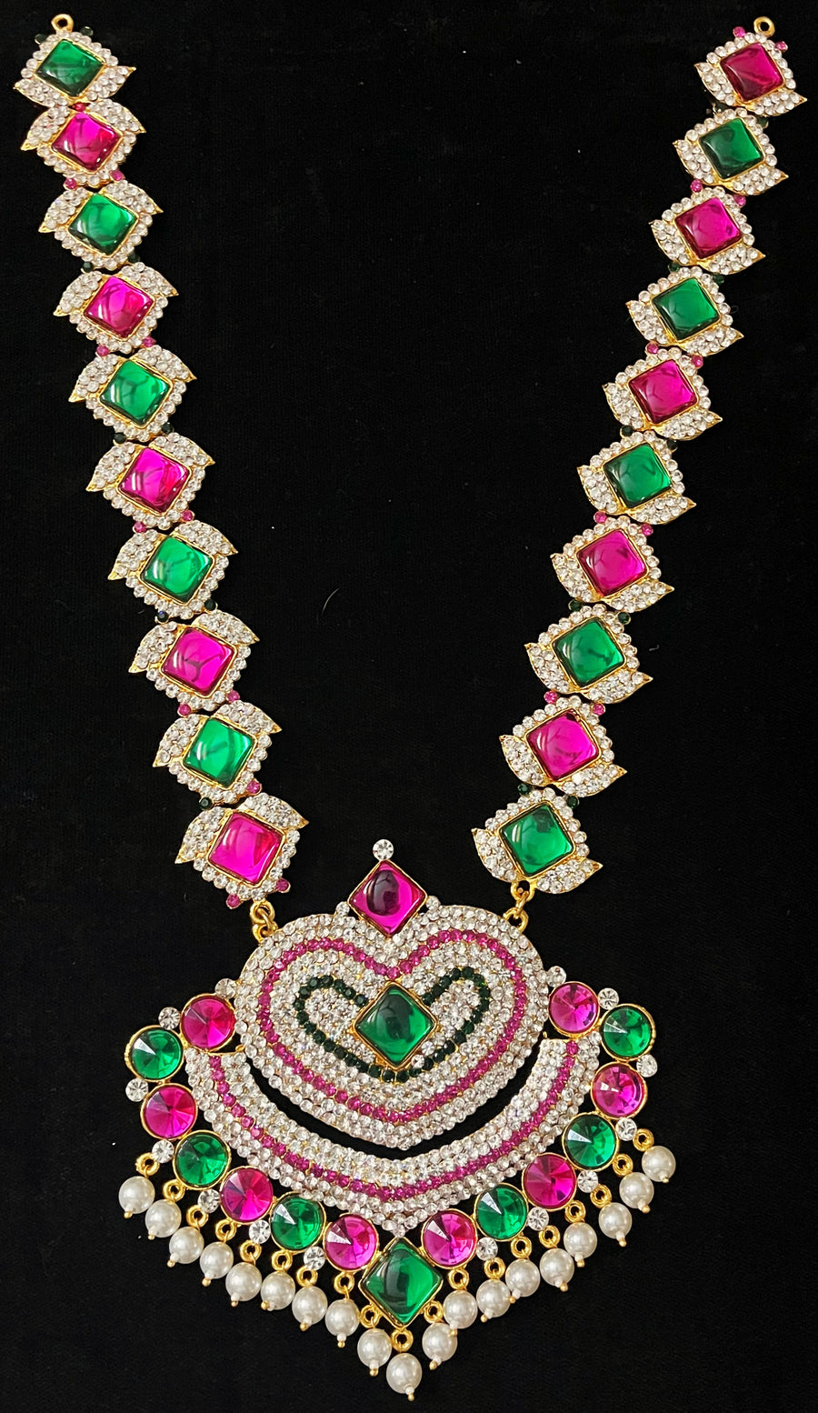 Long Haram – South Indian Temple Jewellery - Pink, white & green stones on South Indian Stones metal alloy - Length: 15 inches