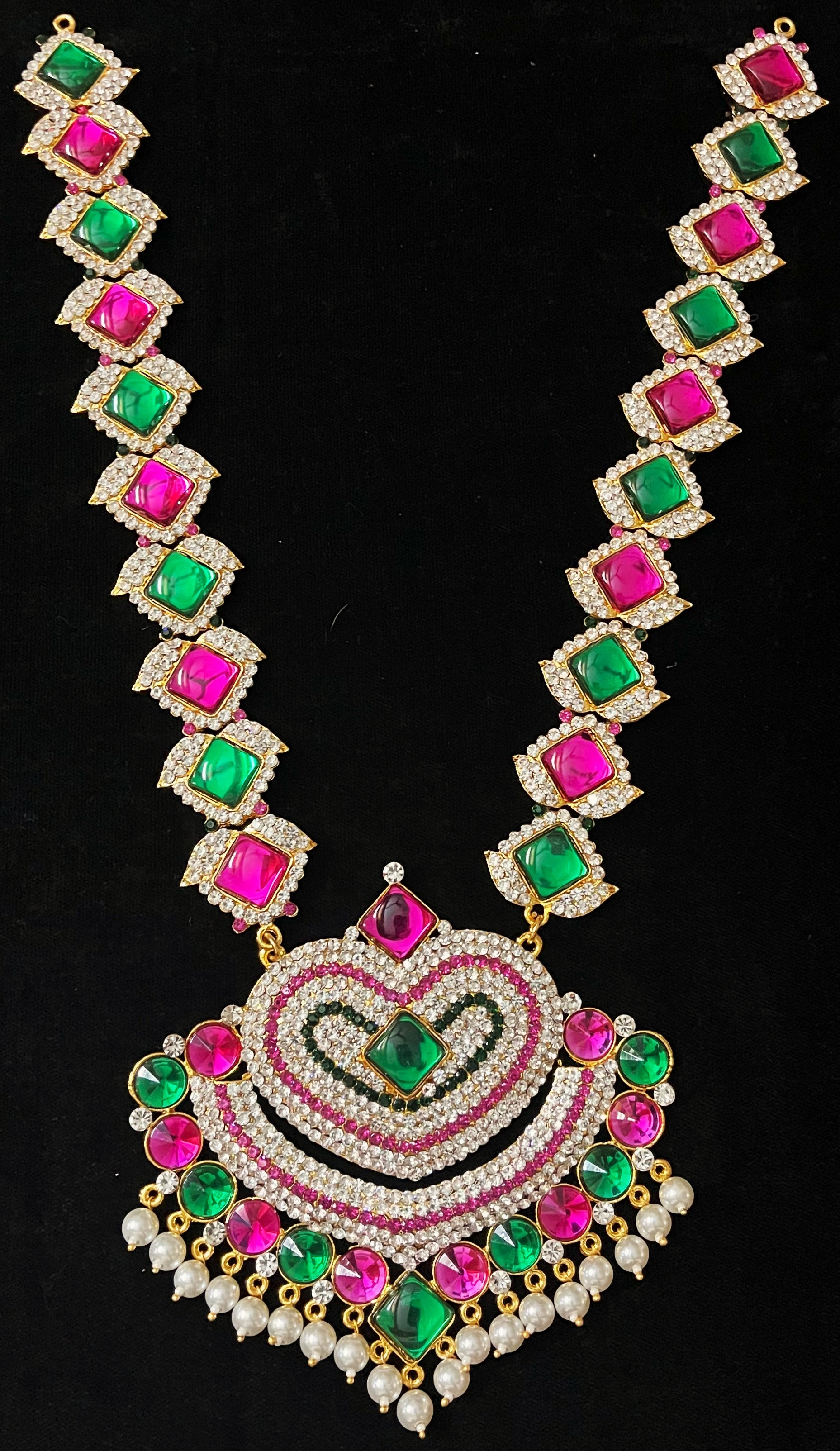 Long Haram – South Indian Temple Jewellery - Pink, white & green stones on South Indian Stones metal alloy - Length: 15 inches