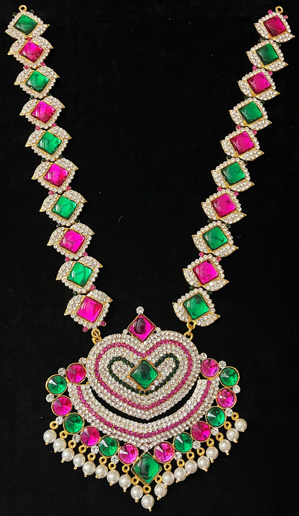 Long Haram – South Indian Temple Jewellery - Pink, white & green stones on South Indian Stones metal alloy - Length: 15 inches