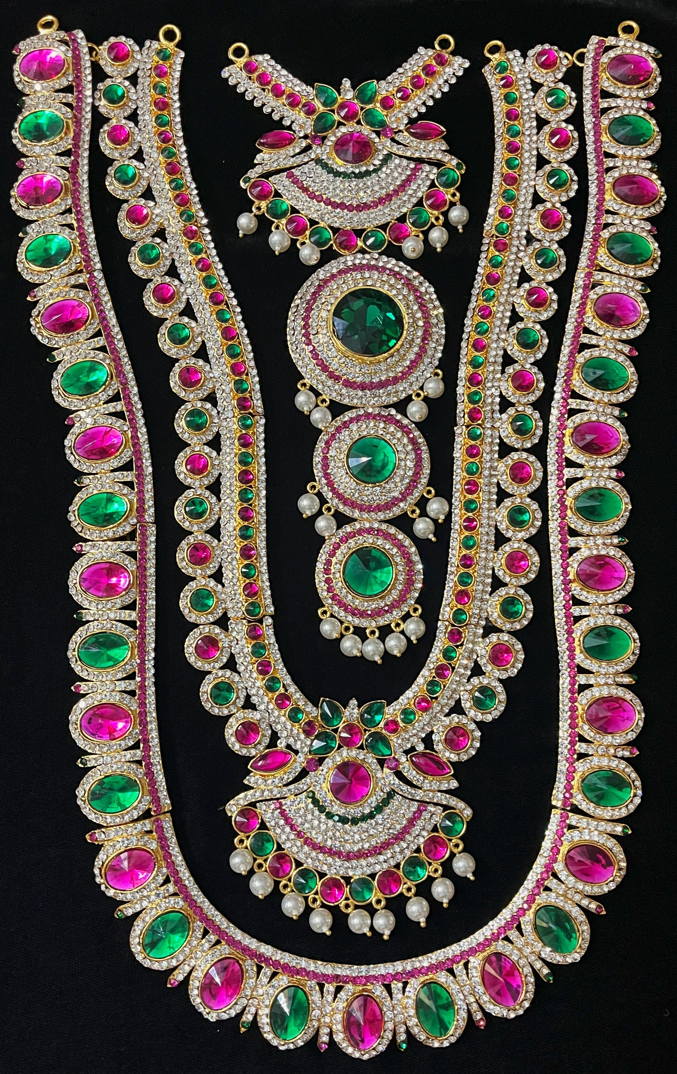 Multi-Layer Temple Haram – Royal Grand Alankaram - Pink, white & green stones / Red, white & green stones on South Indian Stones metal alloy - Length: 16 inches 2