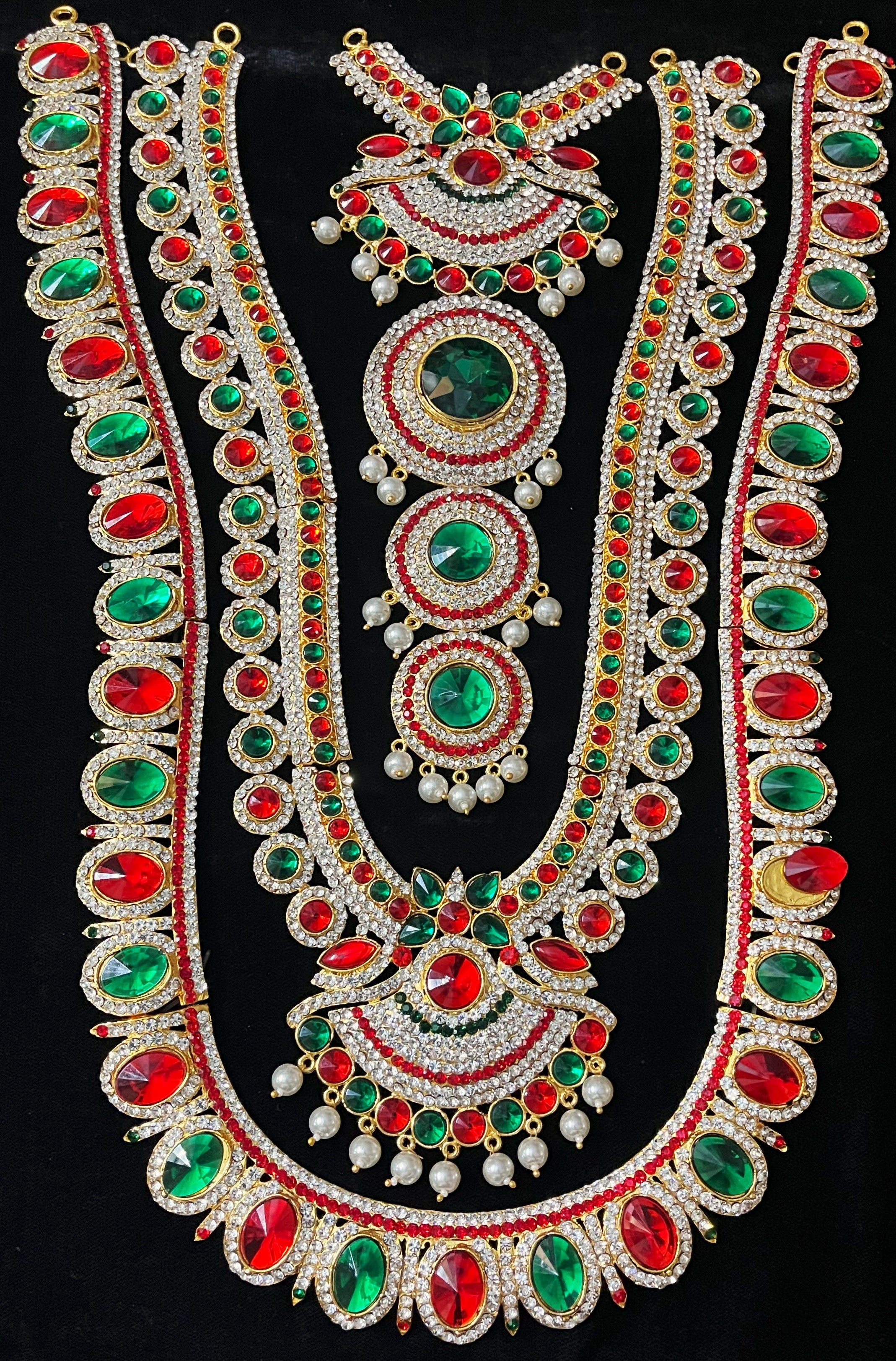 Multi-Layer Temple Haram – Royal Grand Alankaram - Pink, white & green stones / Red, white & green stones on South Indian Stones metal alloy - Length: 16 inches 1