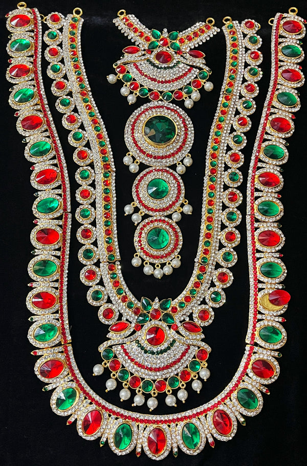 Multi-Layer Temple Haram – Royal Grand Alankaram - Pink, white & green stones / Red, white & green stones on South Indian Stones metal alloy - Length: 16 inches