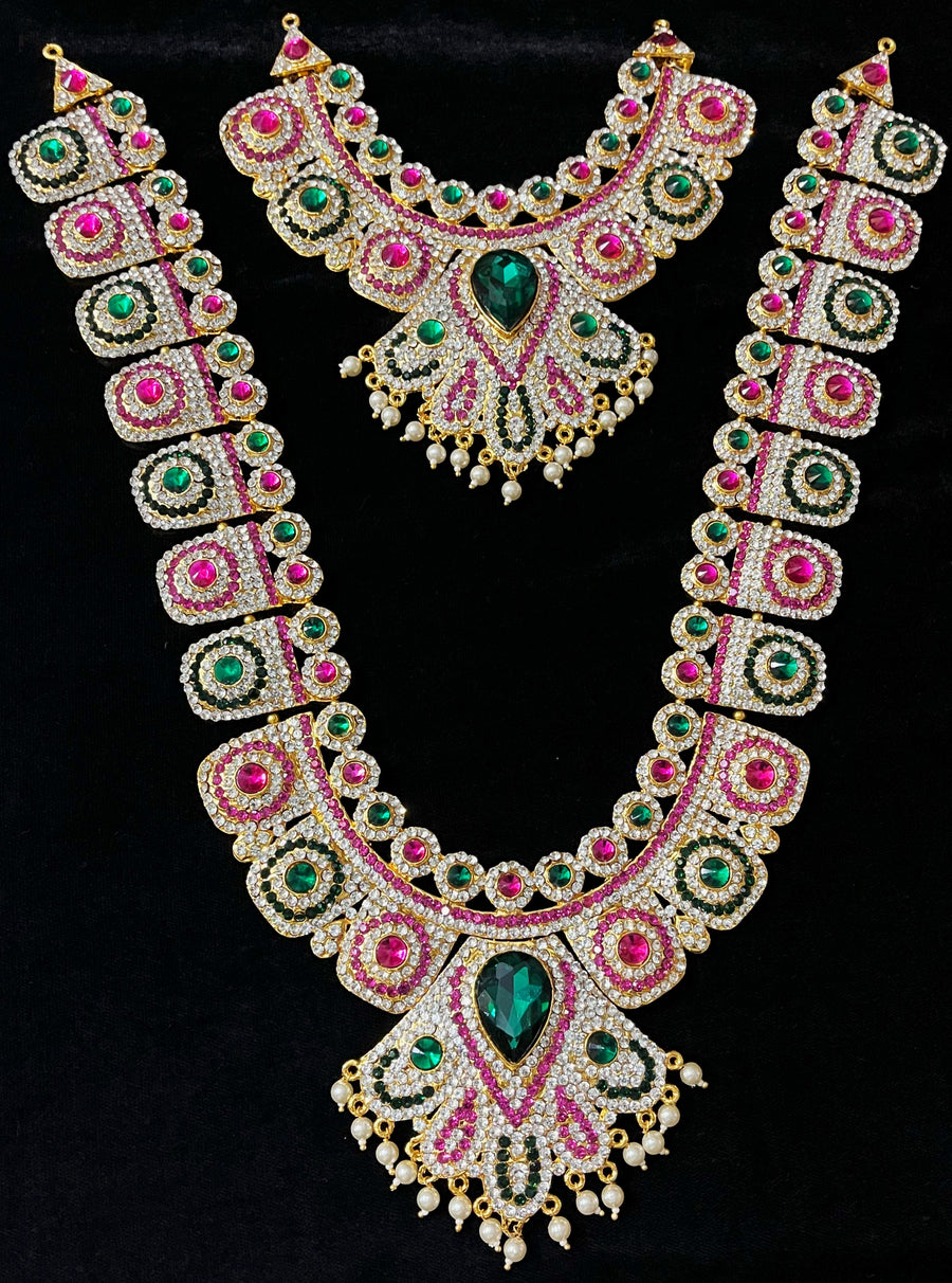 Multi-Layer Temple Haram – Royal Grand Alankaram - Pink, white & green stones on South Indian Stones metal alloy - Length: 16 inches