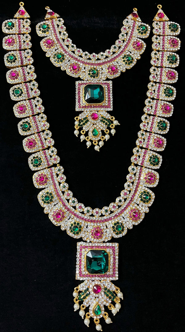 Multi-Layer Temple Haram – Royal Grand Alankaram - Pink, white & green stones on South Indian Stones metal alloy - Length: 16 inches