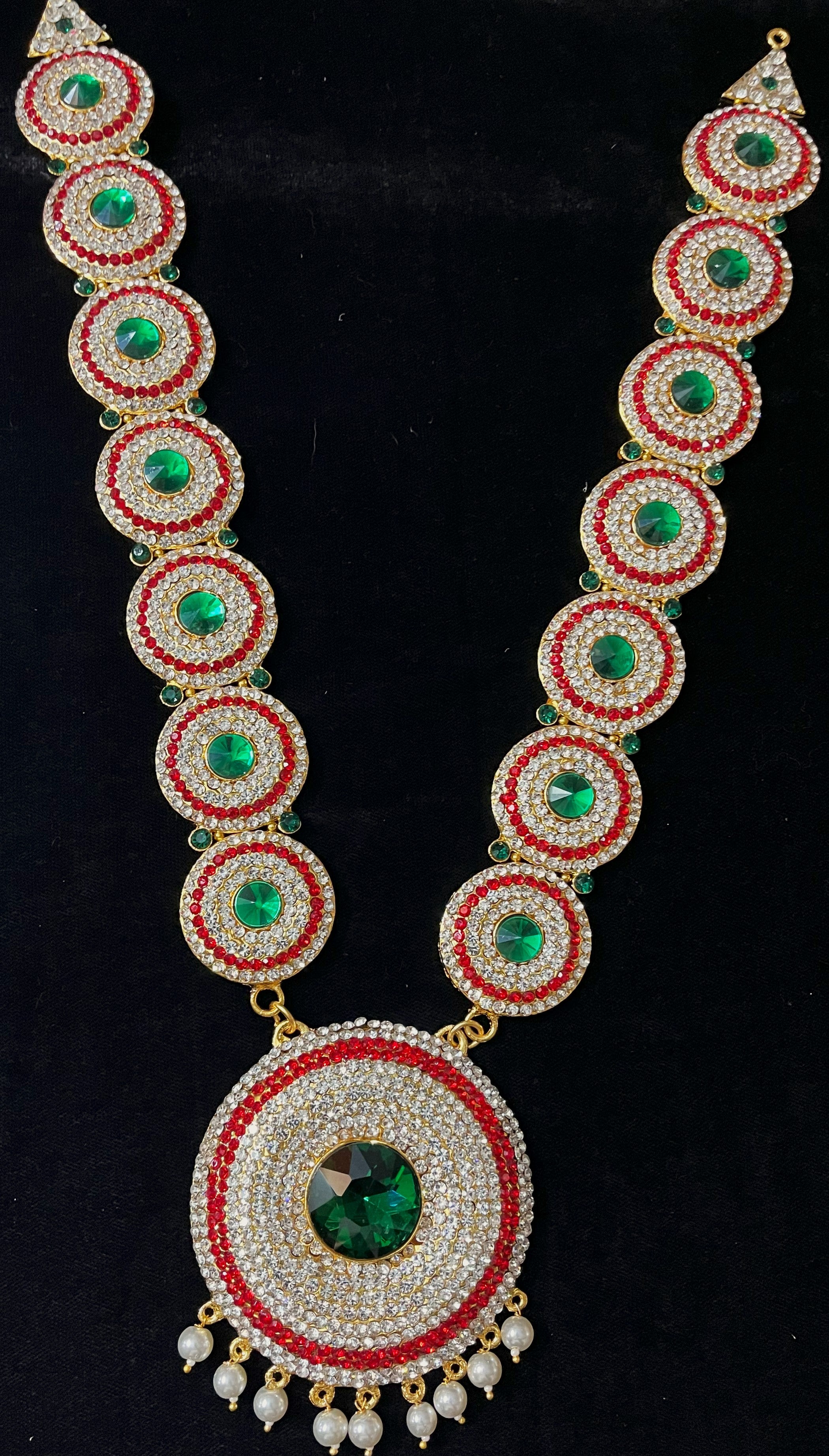 Long Haram – South Indian Temple Jewellery - Pink, white & green stones / Red, white & green stones on South Indian Stones metal alloy - Length: 16 inches