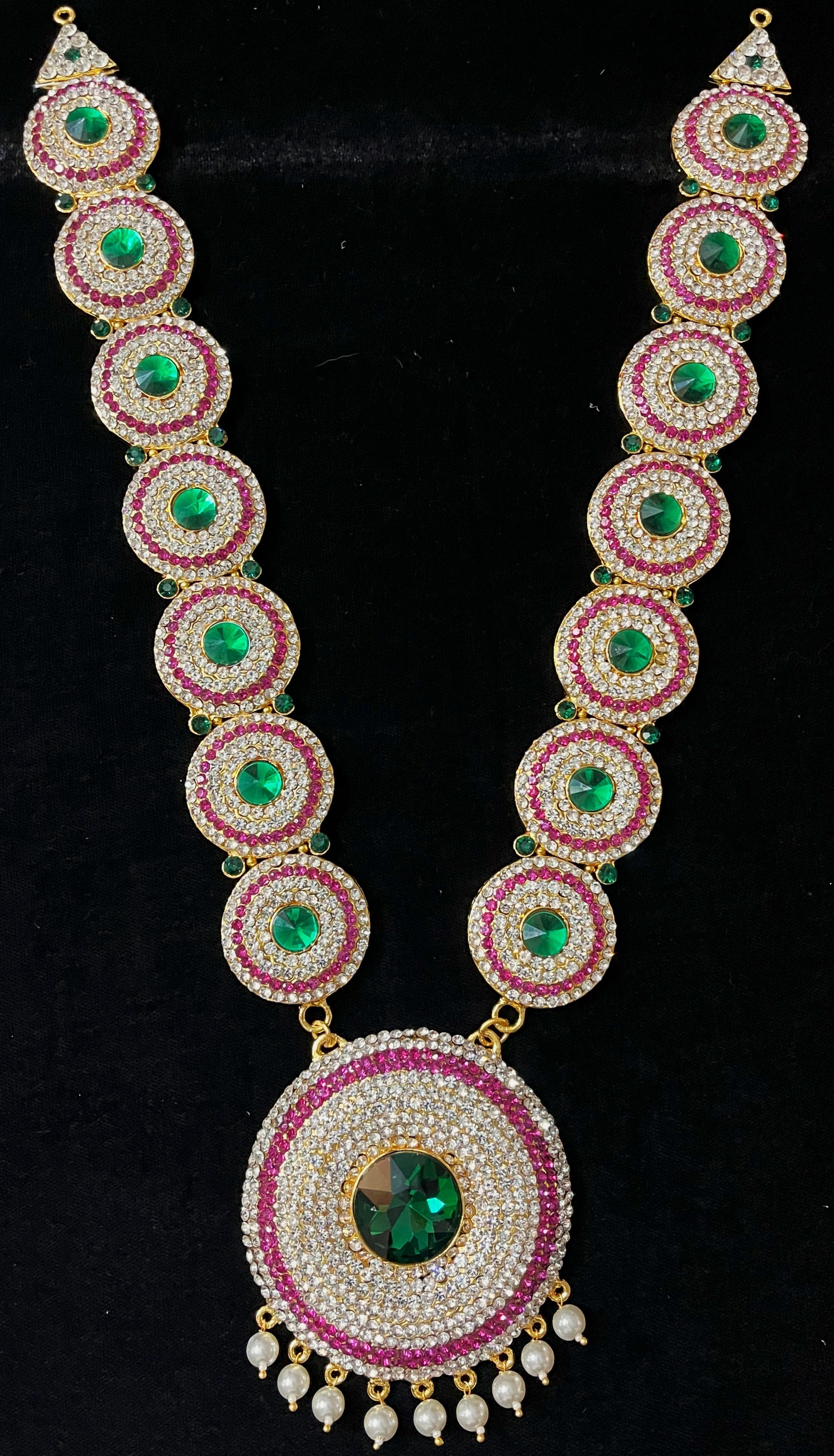 Long Haram – South Indian Temple Jewellery - Pink, white & green stones / Red, white & green stones on South Indian Stones metal alloy - Length: 16 inches 1