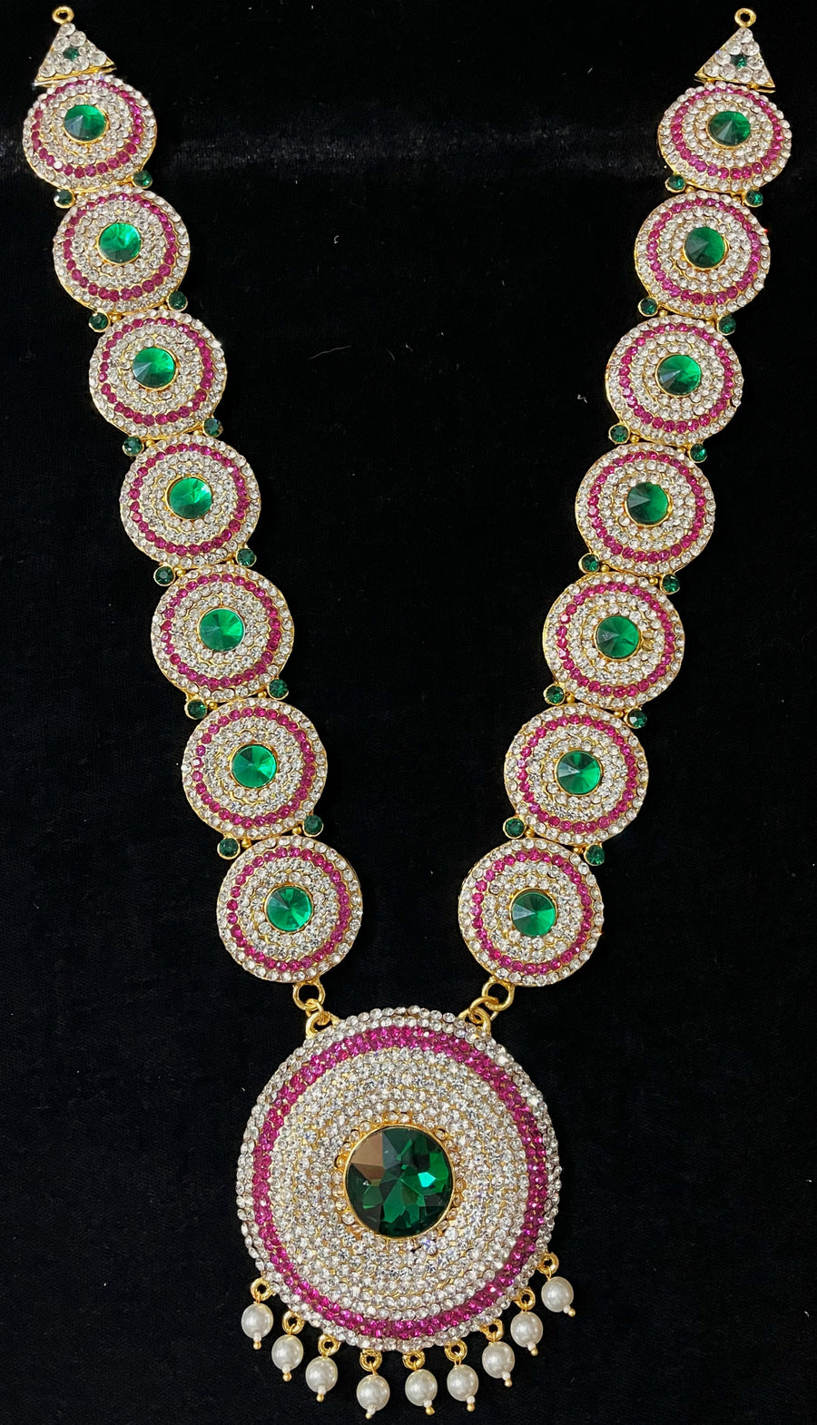 Long Haram – South Indian Temple Jewellery - Pink, white & green stones / Red, white & green stones on South Indian Stones metal alloy - Length: 16 inches