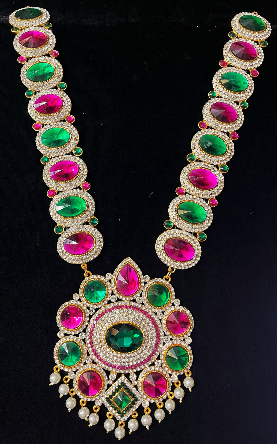 Long Haram – South Indian Temple Jewellery - Pink, white & green stones on South Indian Stones metal alloy - Length: 16 inches