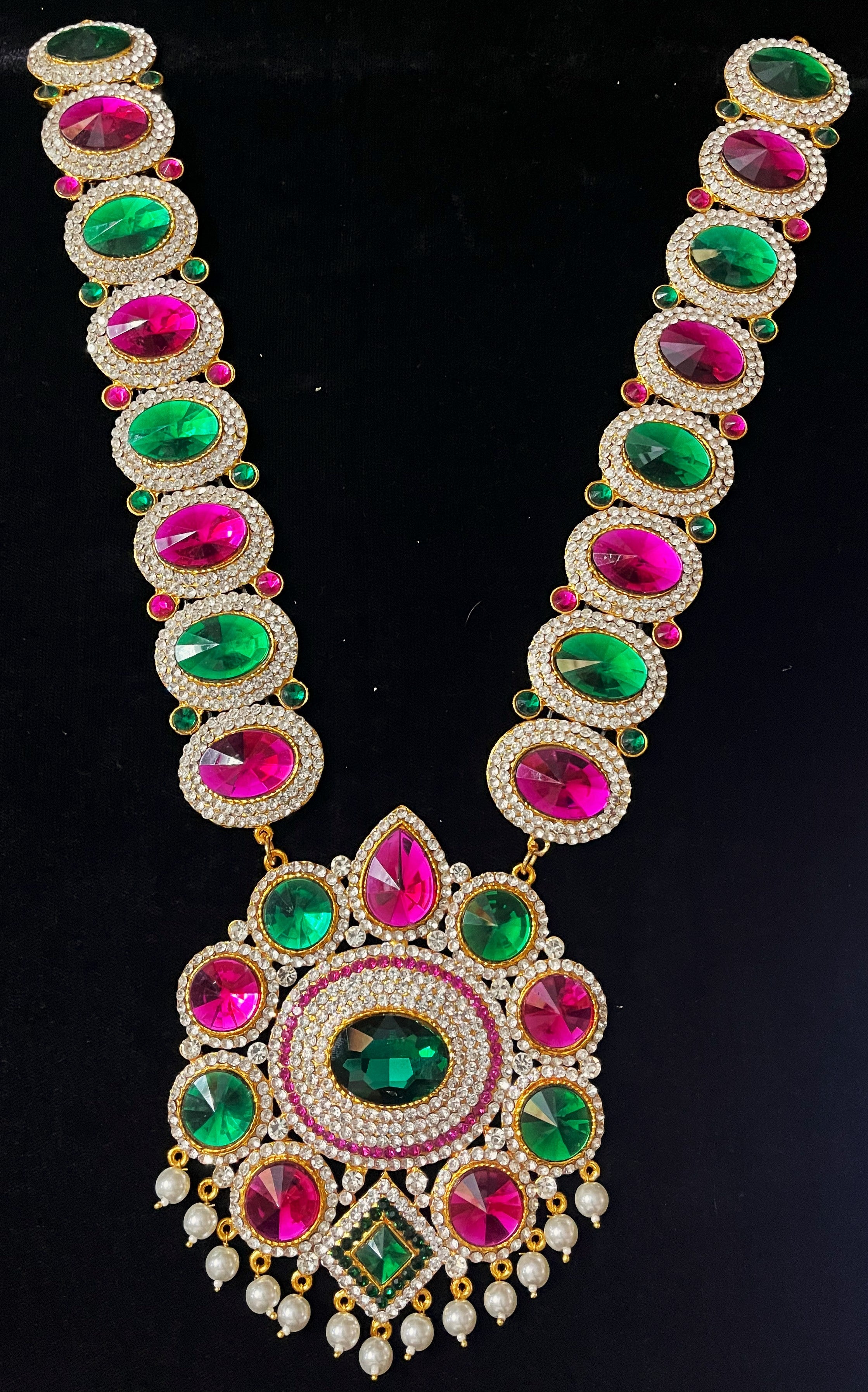 Long Haram – South Indian Temple Jewellery - Pink, white & green stones on South Indian Stones metal alloy - Length: 16 inches