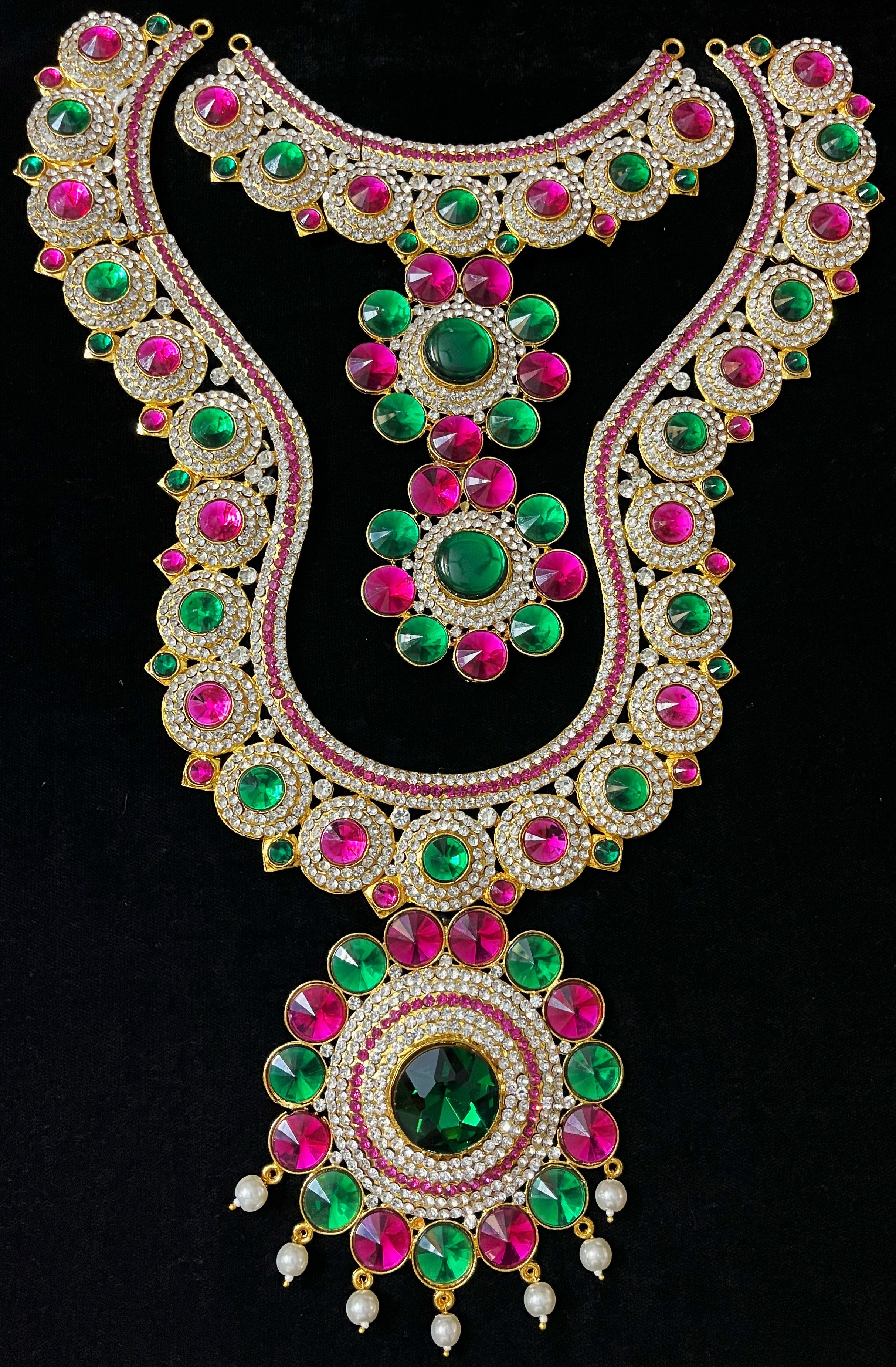 Multi-Layer Temple Haram – Royal Grand Alankaram - Pink, white & green stones on South Indian Stones metal alloy - Length: 16 inches 1