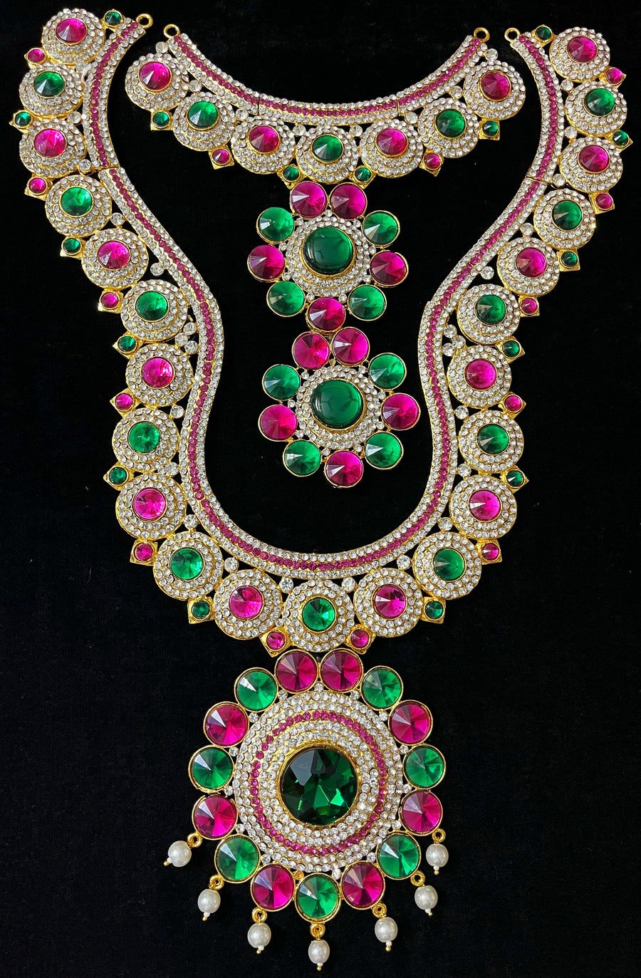 Multi-Layer Temple Haram – Royal Grand Alankaram - Pink, white & green stones on South Indian Stones metal alloy - Length: 16 inches