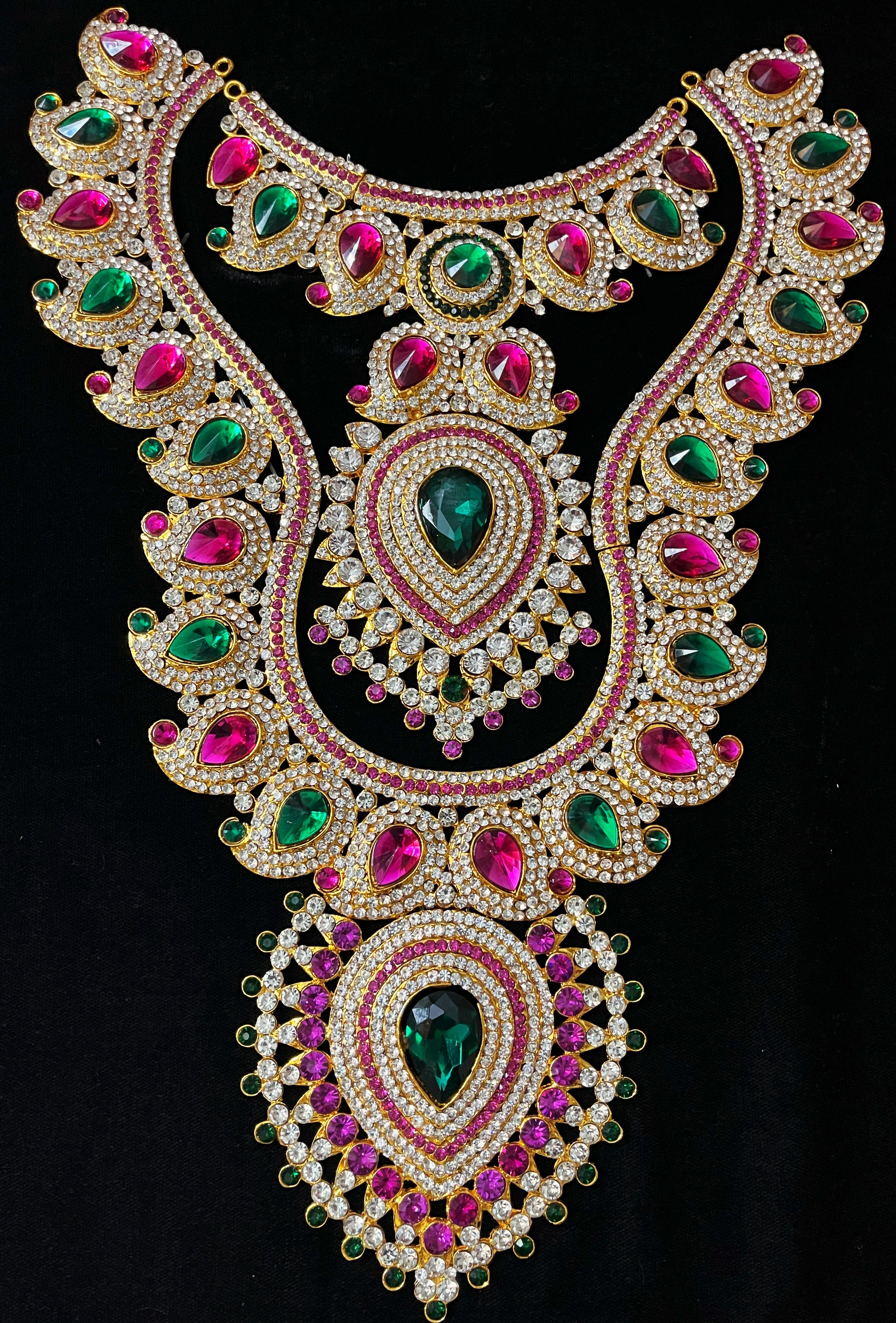 Multi-Layer Temple Haram – Royal Grand Alankaram - Pink, white & green stones on South Indian Stones metal alloy - Length: 16 inches 1