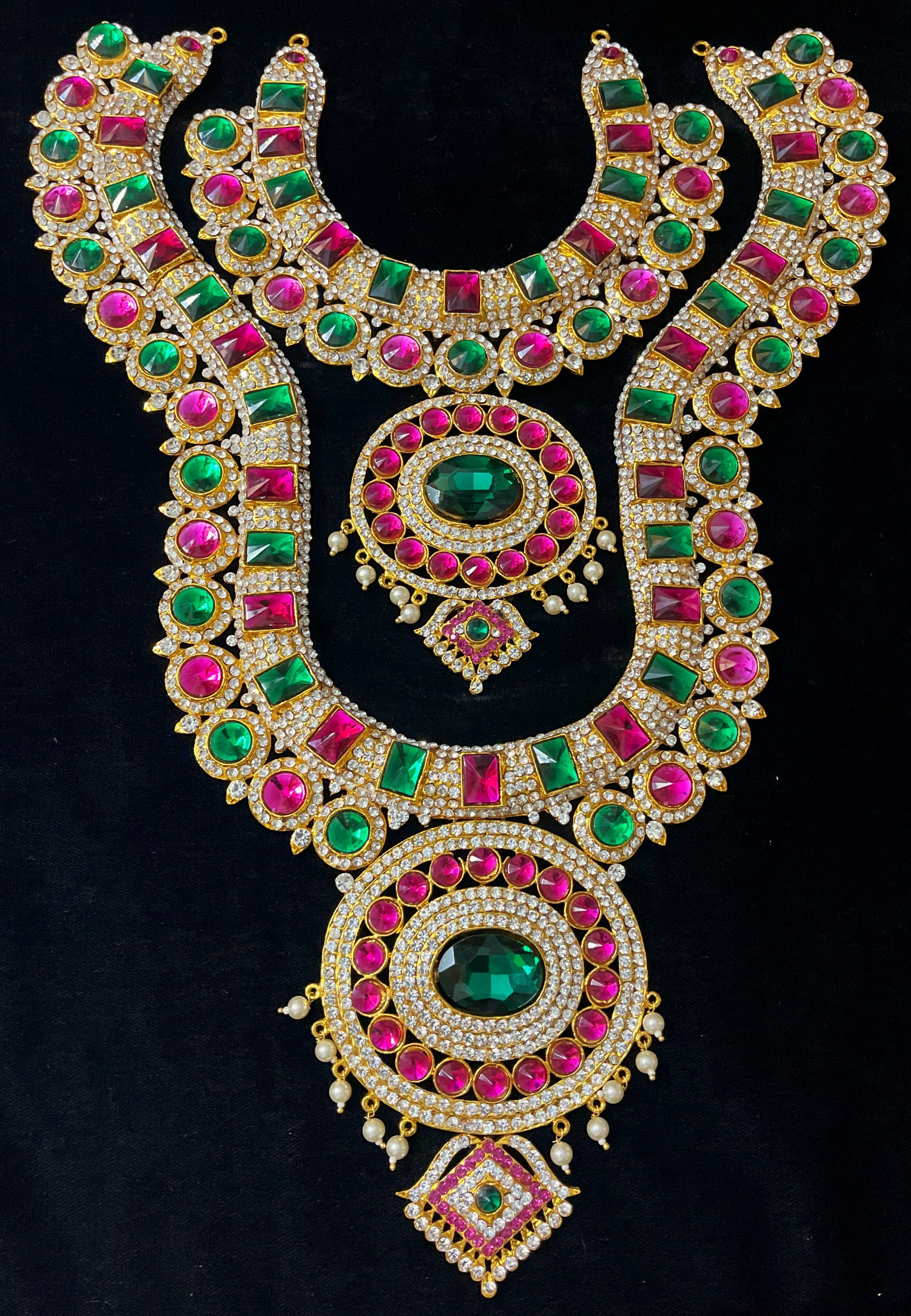 Multi-Layer Temple Haram – Royal Grand Alankaram - Pink, white & green stones on South Indian Stones metal alloy - Length: 16.5 inches 1