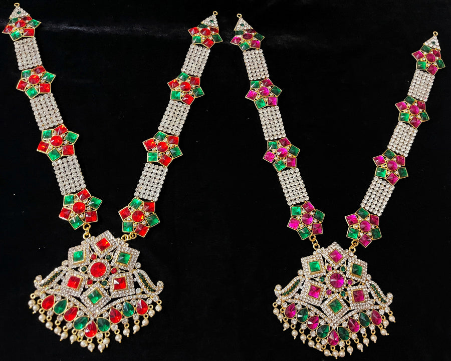 Long Haram – South Indian Temple Jewellery - Pink, white & green stones / Red, white & green stones on South Indian Stones metal alloy - Length: 17 inches