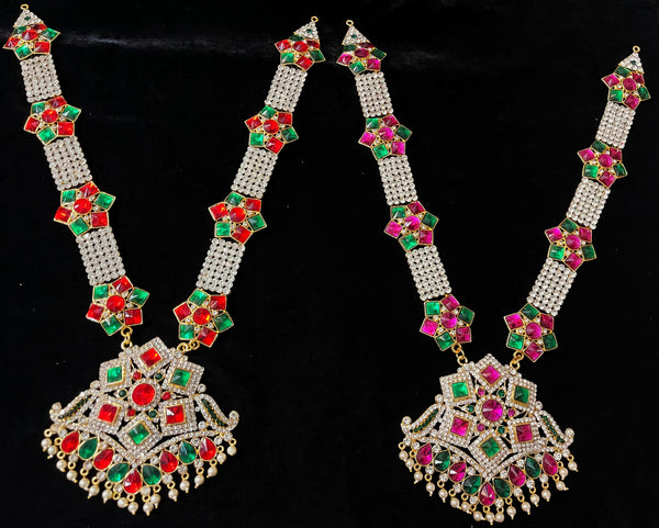 Long Haram – South Indian Temple Jewellery - Pink, white & green stones / Red, white & green stones on South Indian Stones metal alloy - Length: 17 inches